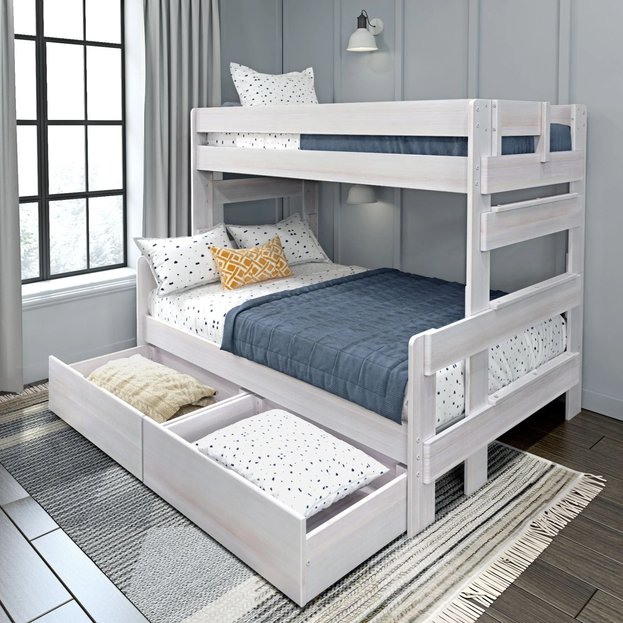 Maxwood Furniture, Inc. Max and Lily Farmhouse Twin over Full Bunk Bed with Storage Drawers Driftwood