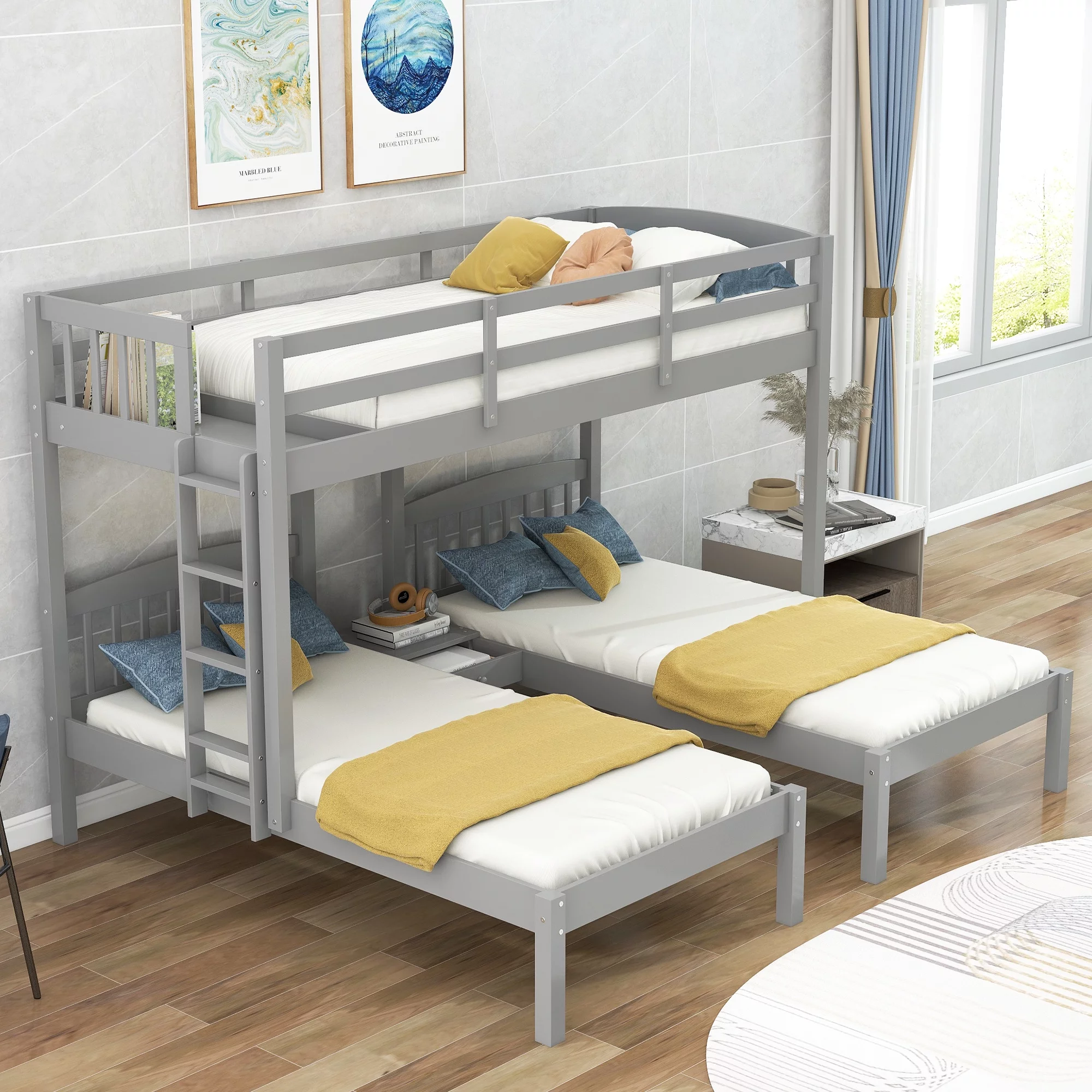 Twin over Twin & Twin Bunk Bed for Kids, Wood Triple Bunk Bed Frame 3 Bed Bunk Bed with Full Length Guardrails and Built-in Middle Shelf for Bedroom (Gray)