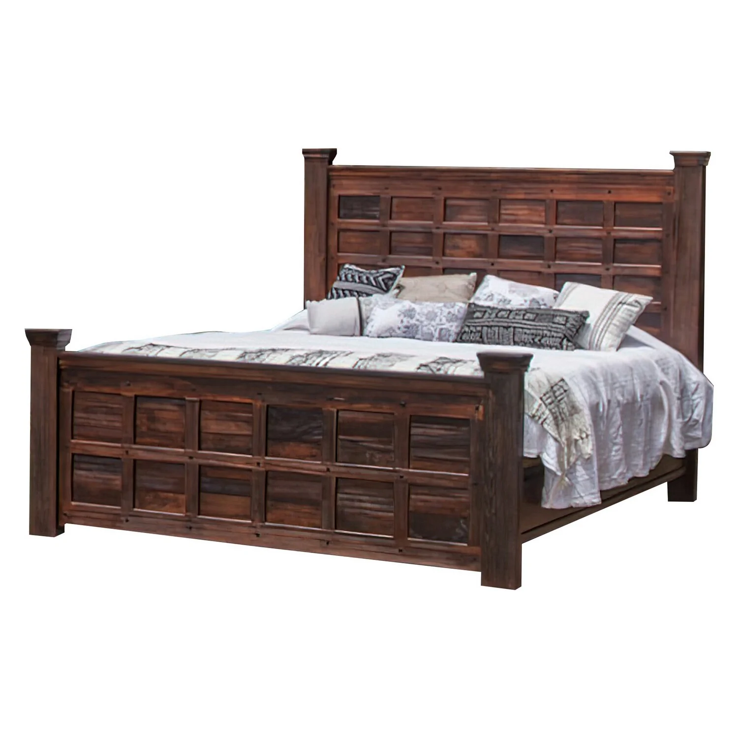 Benjara Exo King Size Bed, Square Block Style Headboard and Footboard, Brown Wood