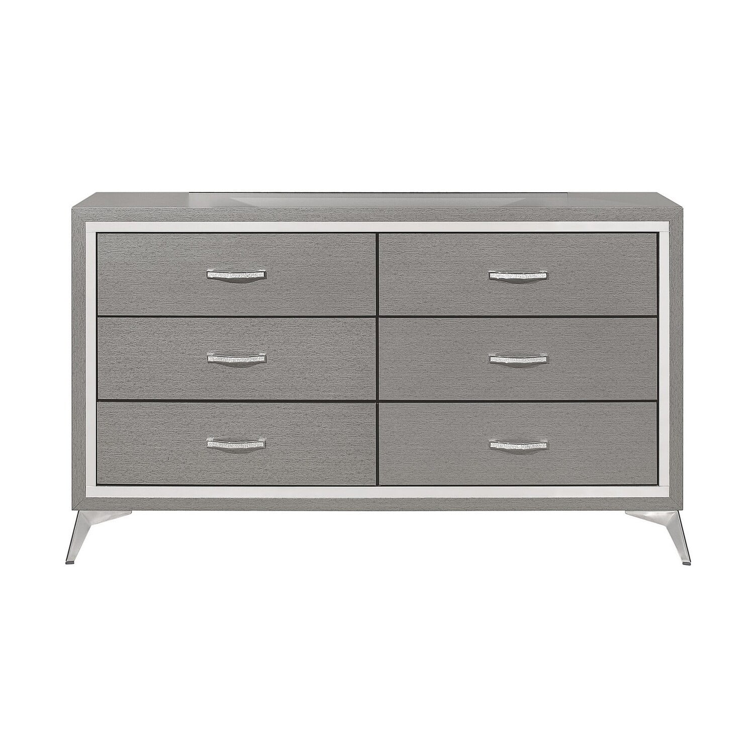 BenJara Sami 58 Inch Wide Dresser, 6 Drawers, Mirror Trim, Embossed Texture, Gray