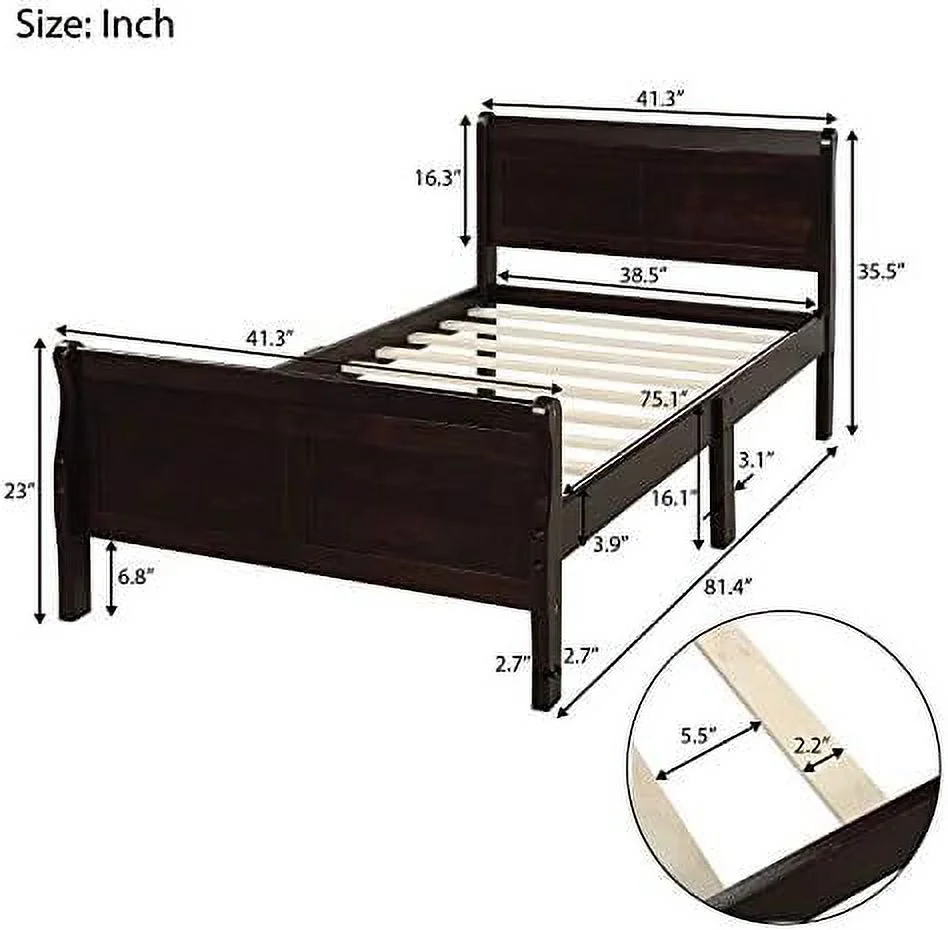 RUNFAYBIU Twin Size Bed Frame Twin Platform Bed with Headboard and Footboard Solid Wood Twin Bed for Boys Girls Teens Adults No Box Spring Needed Gray