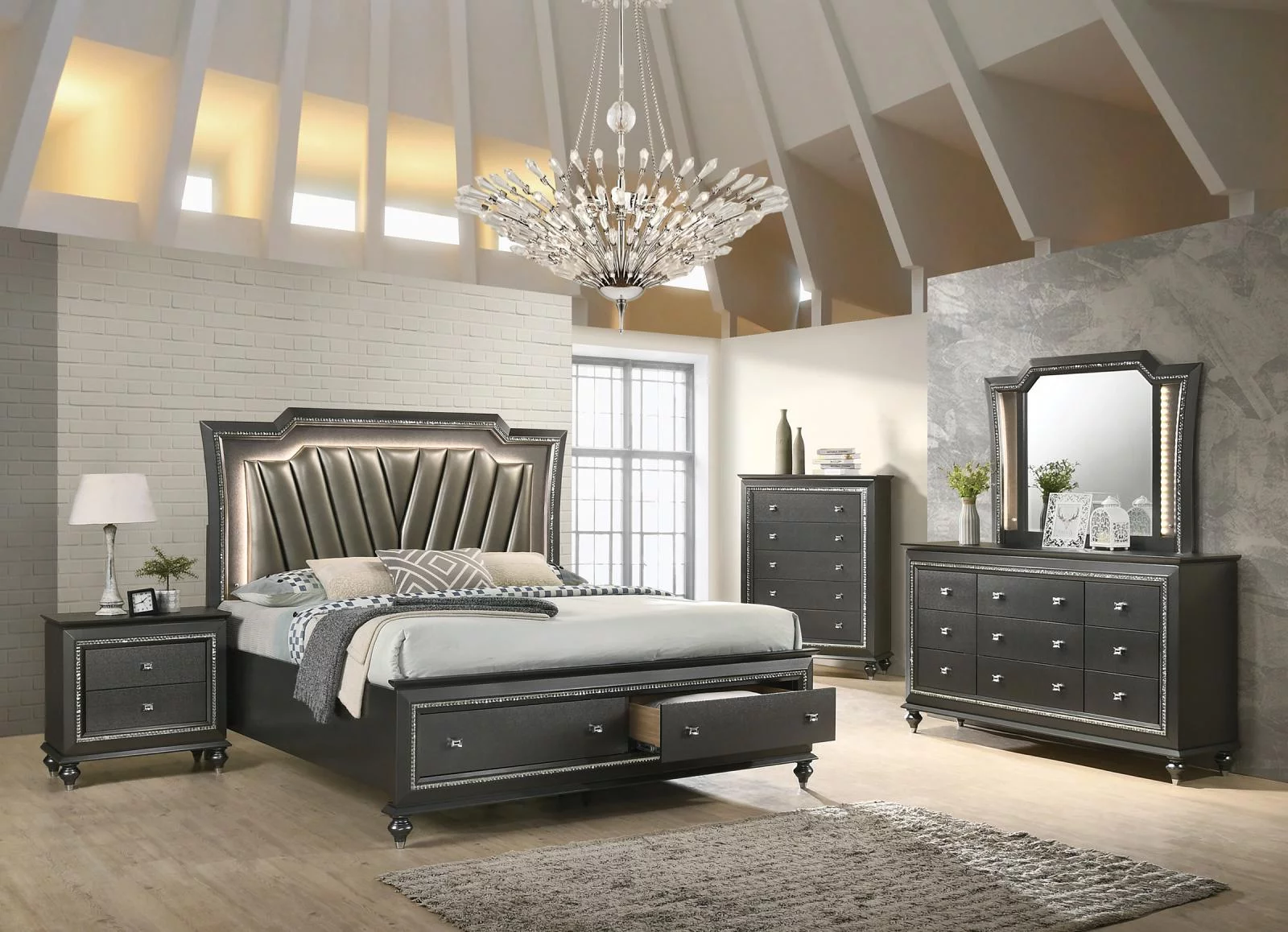 Glam King Storage Bedroom Set 5 w/Chest w/LED Metallic Grey 27277EK Kaitlyn Acme