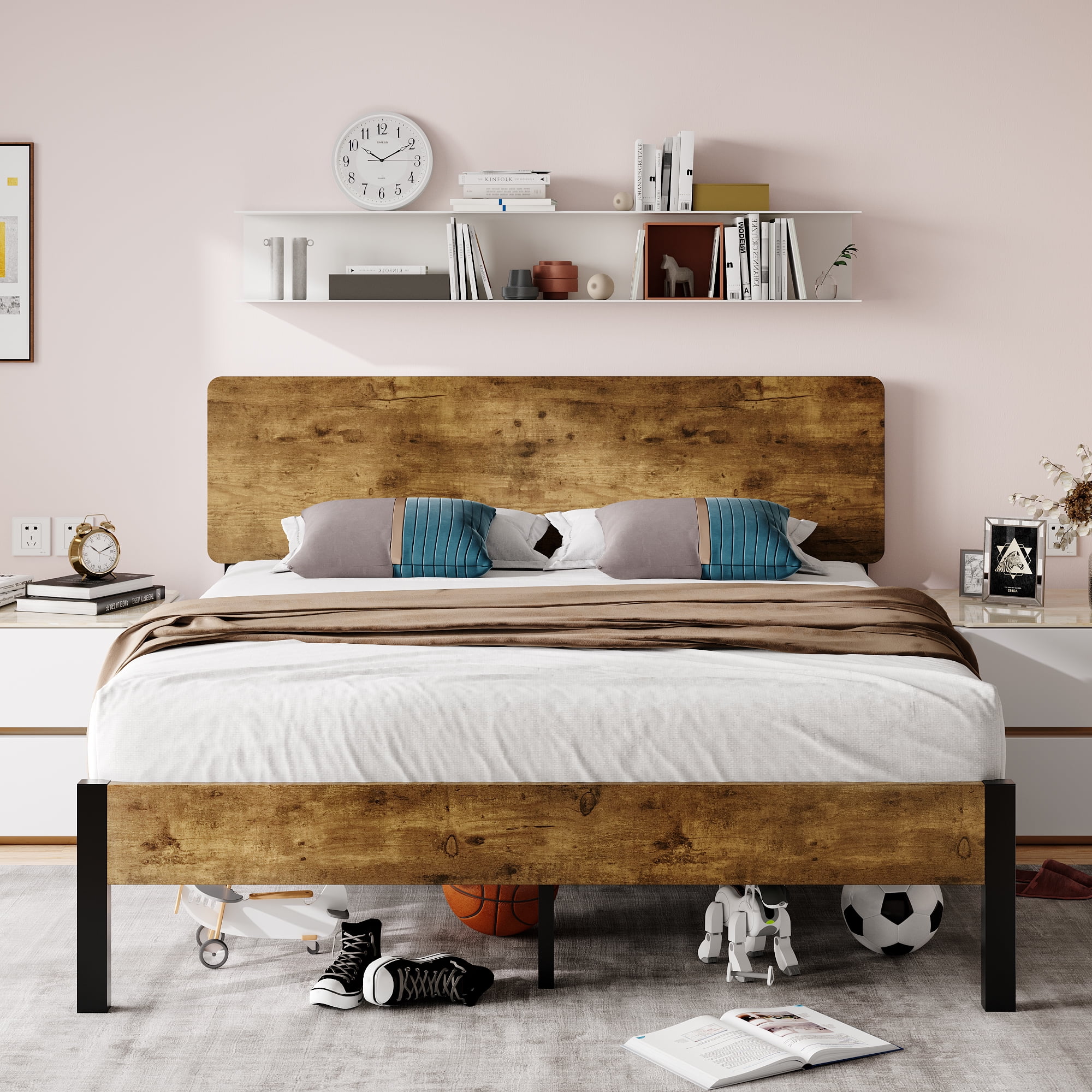 Sha Cerlin Queen Size Metal Platform Bed Frame with Industrial Wooden Headboard & Footboard, Mattress Foundation, Black&Brown, Adult