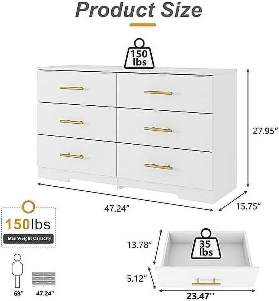 HBBOOMLIFE White Dresser for Bedroom Rattan 6 Drawer Dresser with LED Light & 2 Cubby Modern Wood Chest of Drawers for Kid's Room Nursery