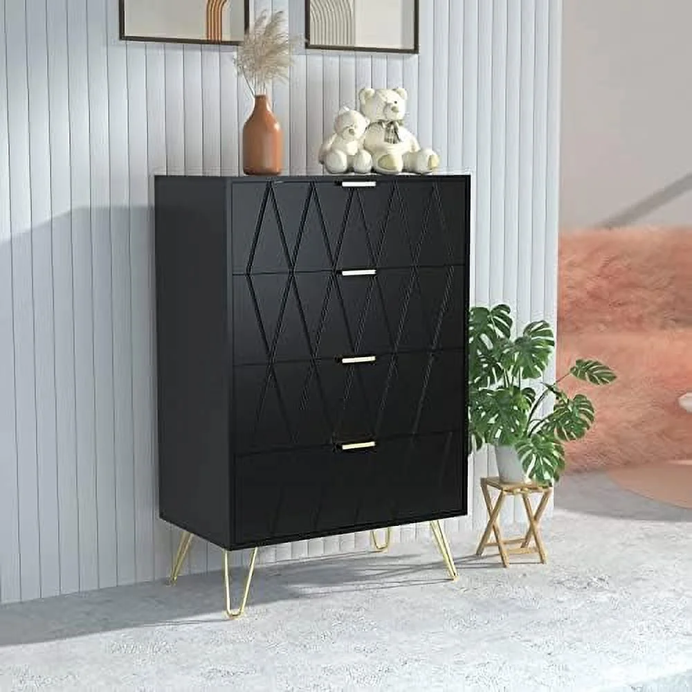 xrboomlife Grooved Pattern 4 Drawer Dresser Modern Chest of Drawers with Gold Handles White Dresser for Bedroom Living Room Entryway