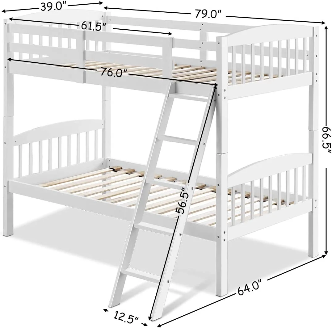 Twin Over Twin Bunk Beds, Convertible Into Two Individual Solid Rubberwood Beds, Children Twin Sleeping Bedroom Furniture w/Ladder and Safety Rail for Kids Boys & Girl (White)