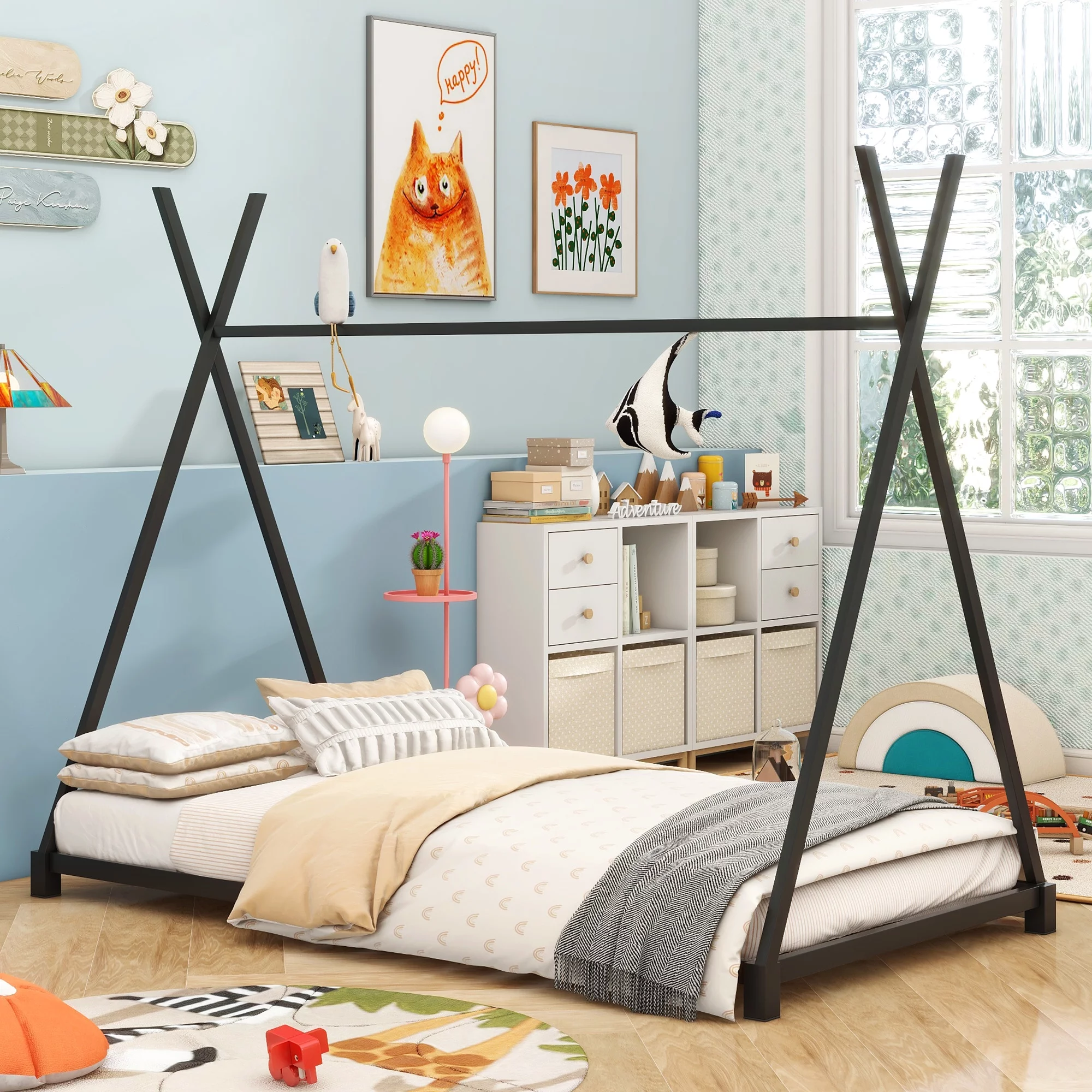 Nestfair Black Twin Size Metal House Platform Bed with Triangle Structure