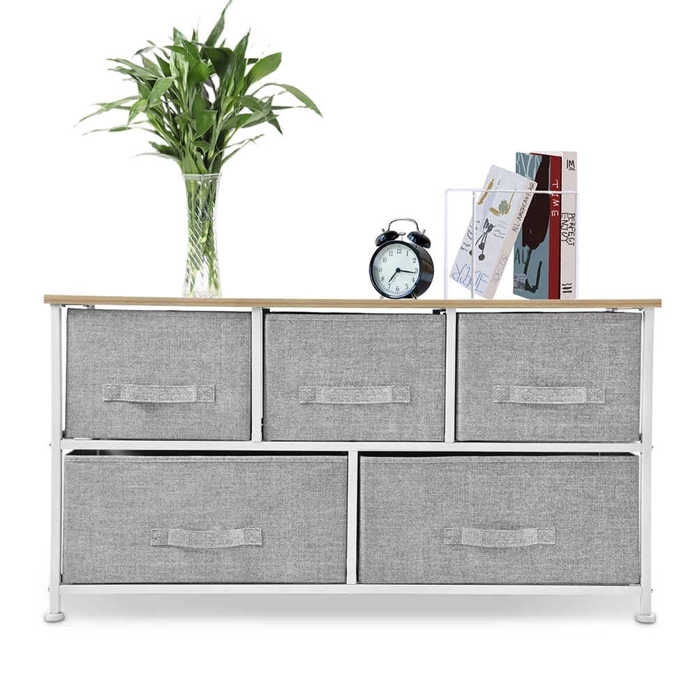 Bigroof Modern 5 Drawer Dresser Storage Tower, Fabric Organizer for Clothing Wide Dressers Bedroom Funiture Chest of Drawers Steel Frame Light Grey