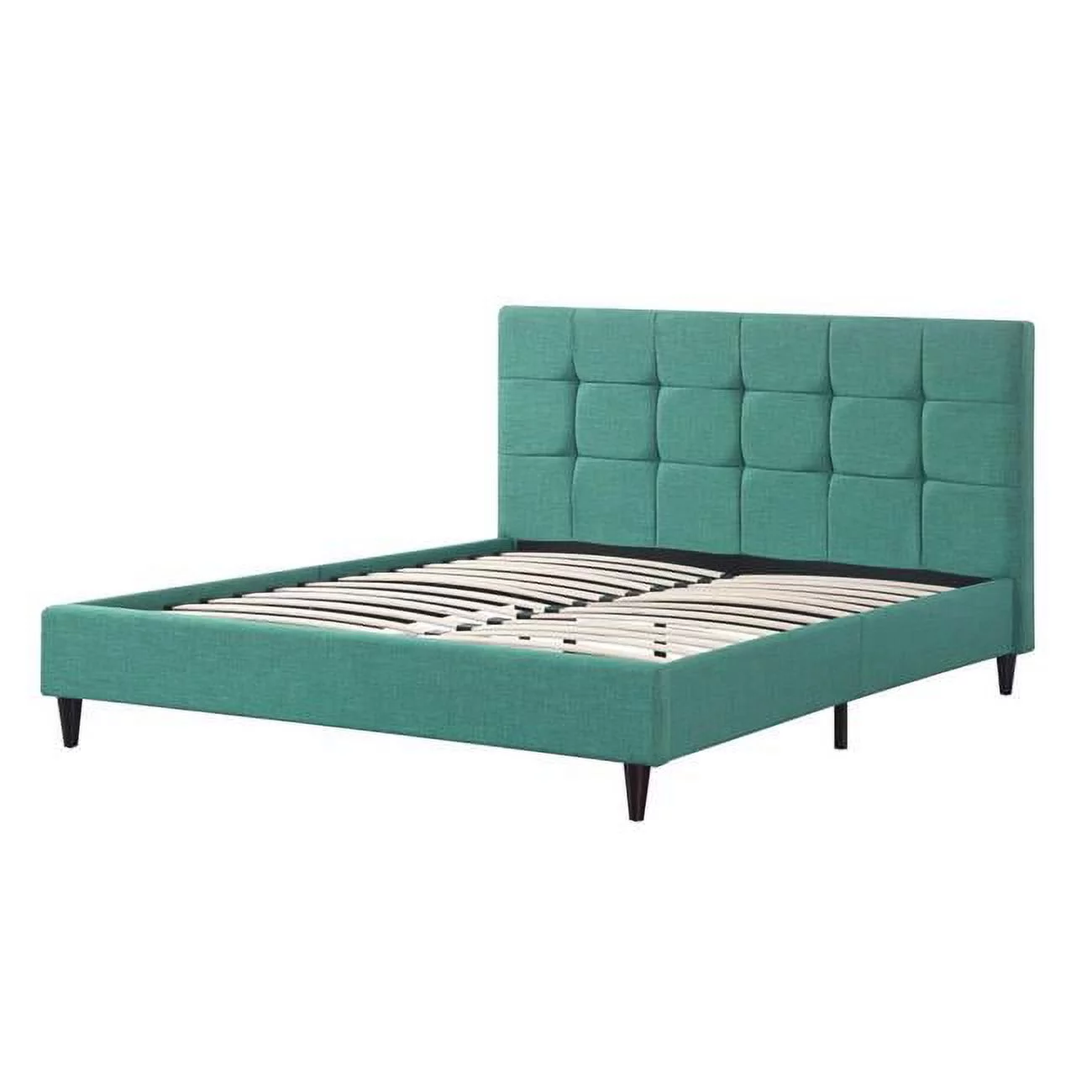 HomeRoots Modern Upholstered Square Stitched Platform Bed with Wooden Slats Blue - Queen Size
