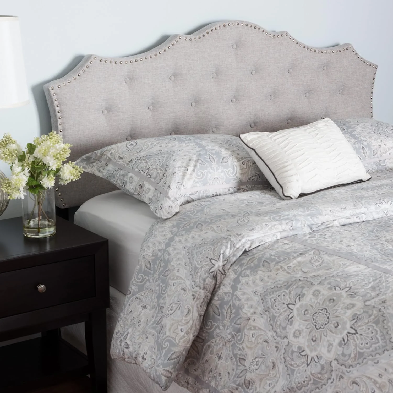 Modern And Contemporary Greyish Beige Fabric Full Size Headboard Beige/Full//Contemporary/Fabric Polyester 100%