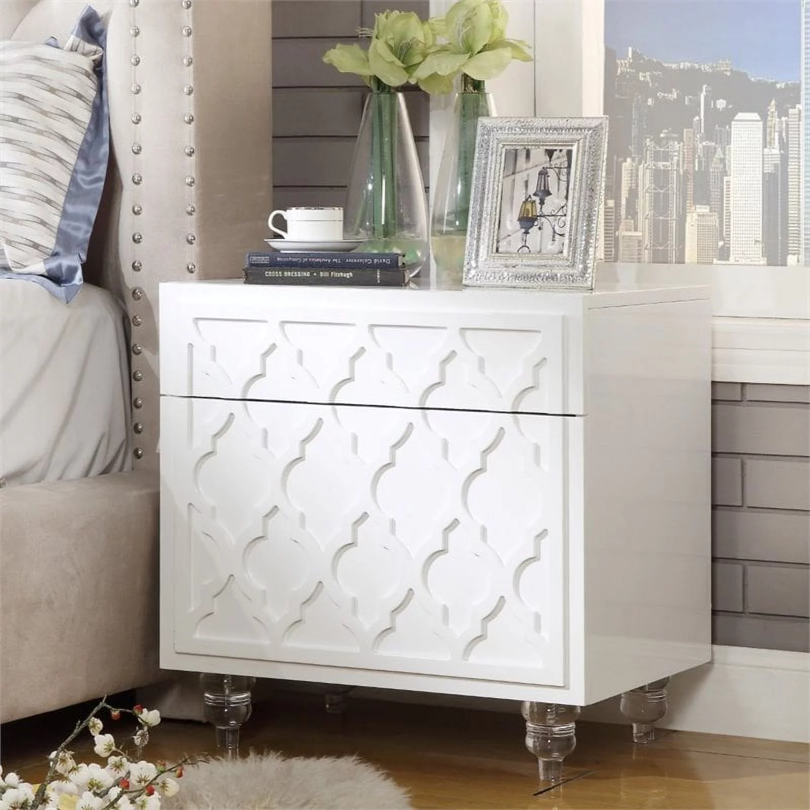 Posh Living Lydia MDF Wood  Modern Trellis Lacquer Lucite Leg Side Table  Accent Table & Nightstand - White