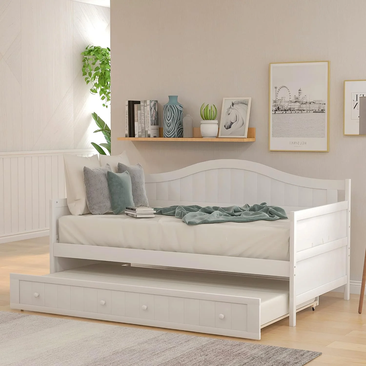 Wood Daybed With Trundle, Size Sofa Bed Frame, Modern Style Captain Bed With Headboard And Footboard For Bedroom Living Room (White Trundle Daybed)