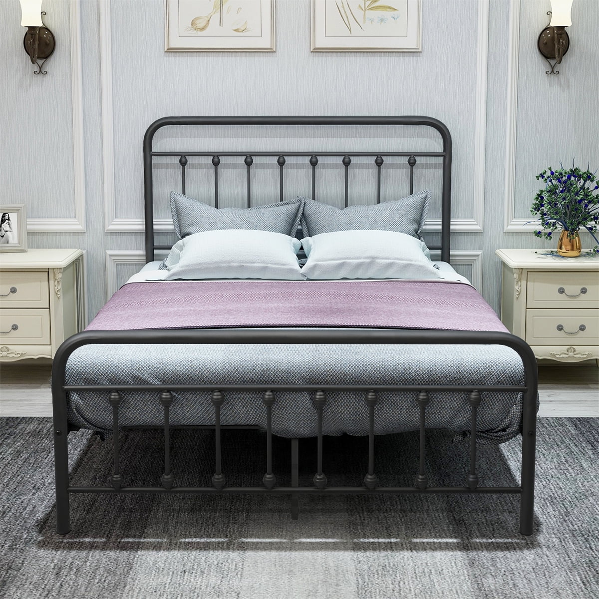 Victorian Vintage Style Platform Metal Bed Frame Foundation Headboard Footboard Heavy Duty Steel Slabs Full Black