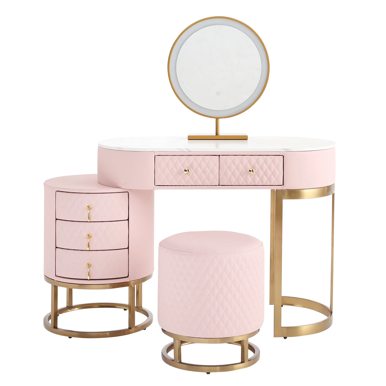 FUKAYI Luxury Makeup Vanity Desk Set with Lighted Mirror & Drawers Dressing Table with Stool, Pink