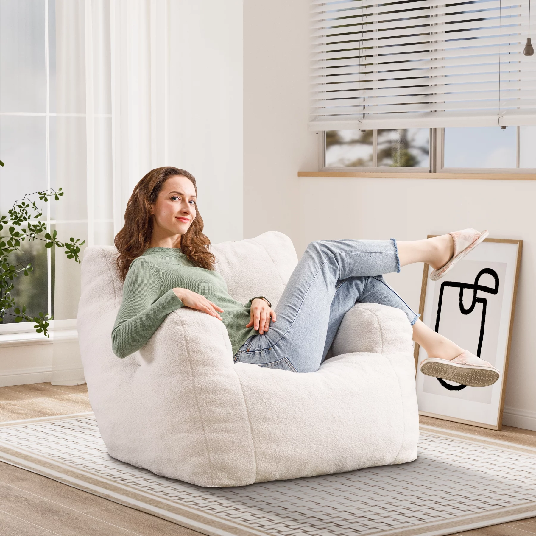 Ouyessir Teddy Fabric Bean Bag Chair with Arms for Adult,Medium Fabric Comfy Single Sofa Lounge Chaise Chair for Living Room Bedroom Office(Ivory White)