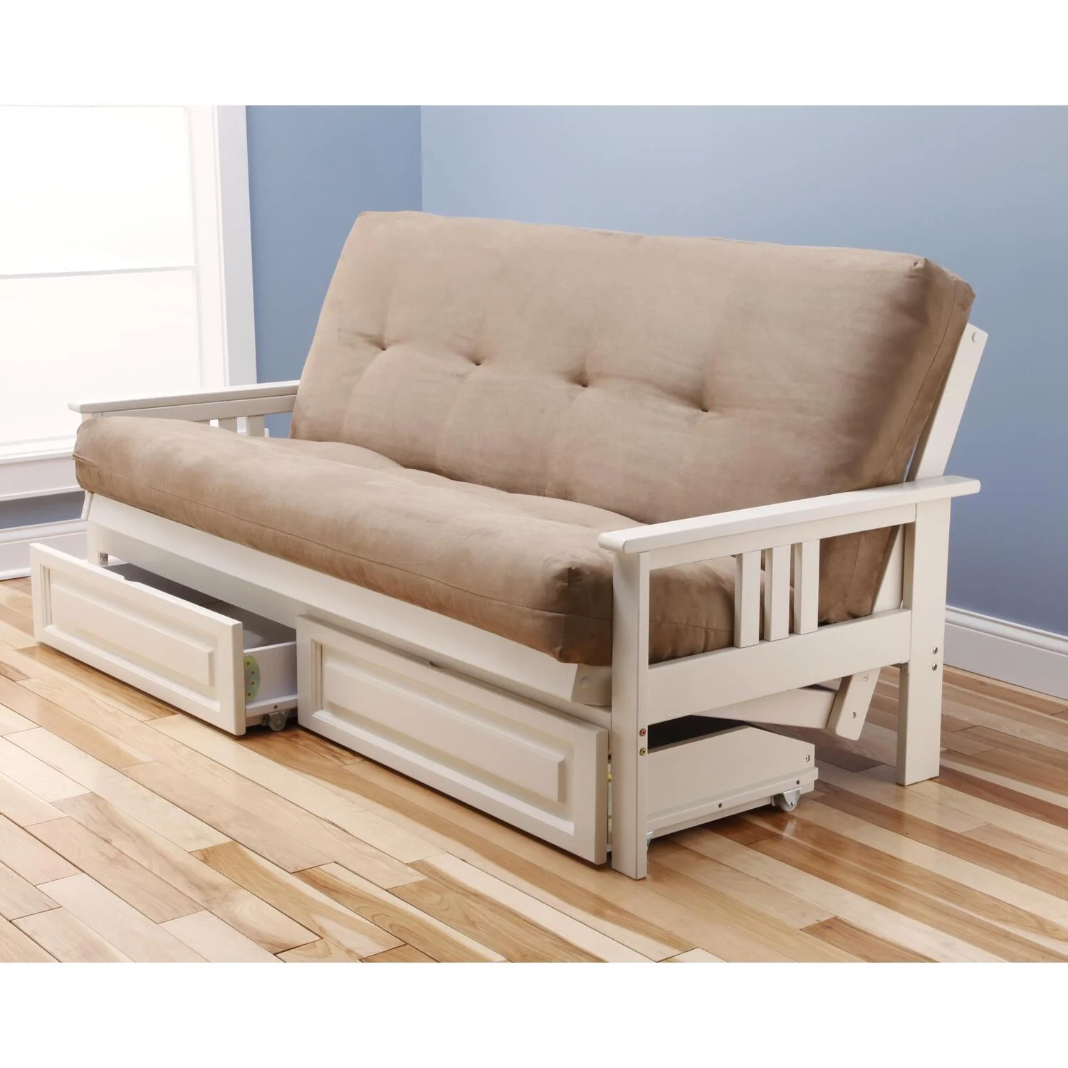 Homestock Rustic -Refinement Full Futon Frame with Storage Drawers, Color:Antique White/Tan