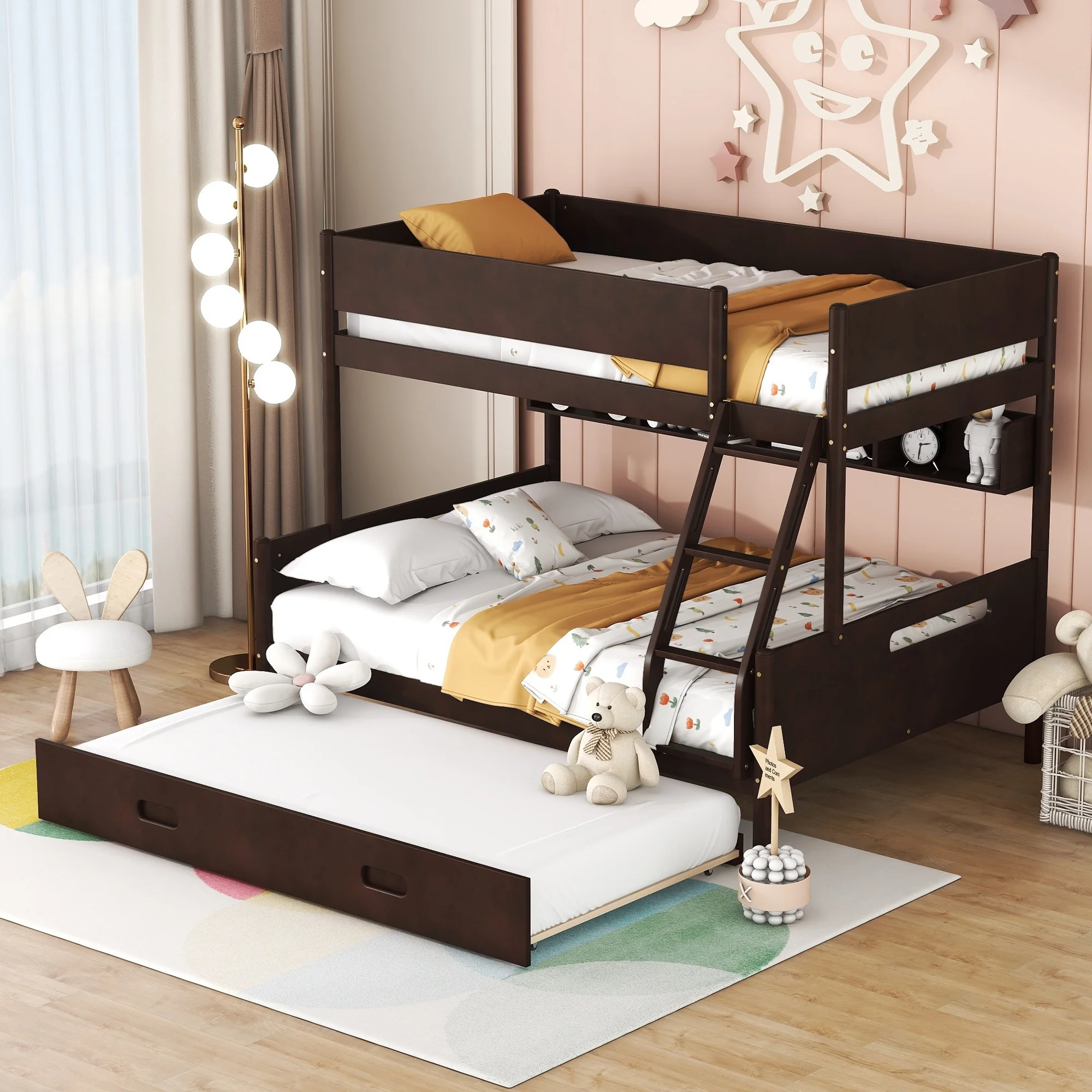 Euroco Twin over Full Bunk Bed with Shelf and Twin Size Trundle for Kids, Espresso
