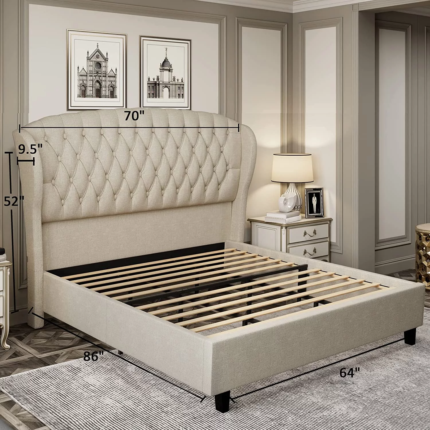 PaPaJet Queen Size Platform Bed Frame, Linen Curved Upholstered Bed with Shell Wingback Headboard/Deep Button Tufted/No Box Spring Needed/Beige