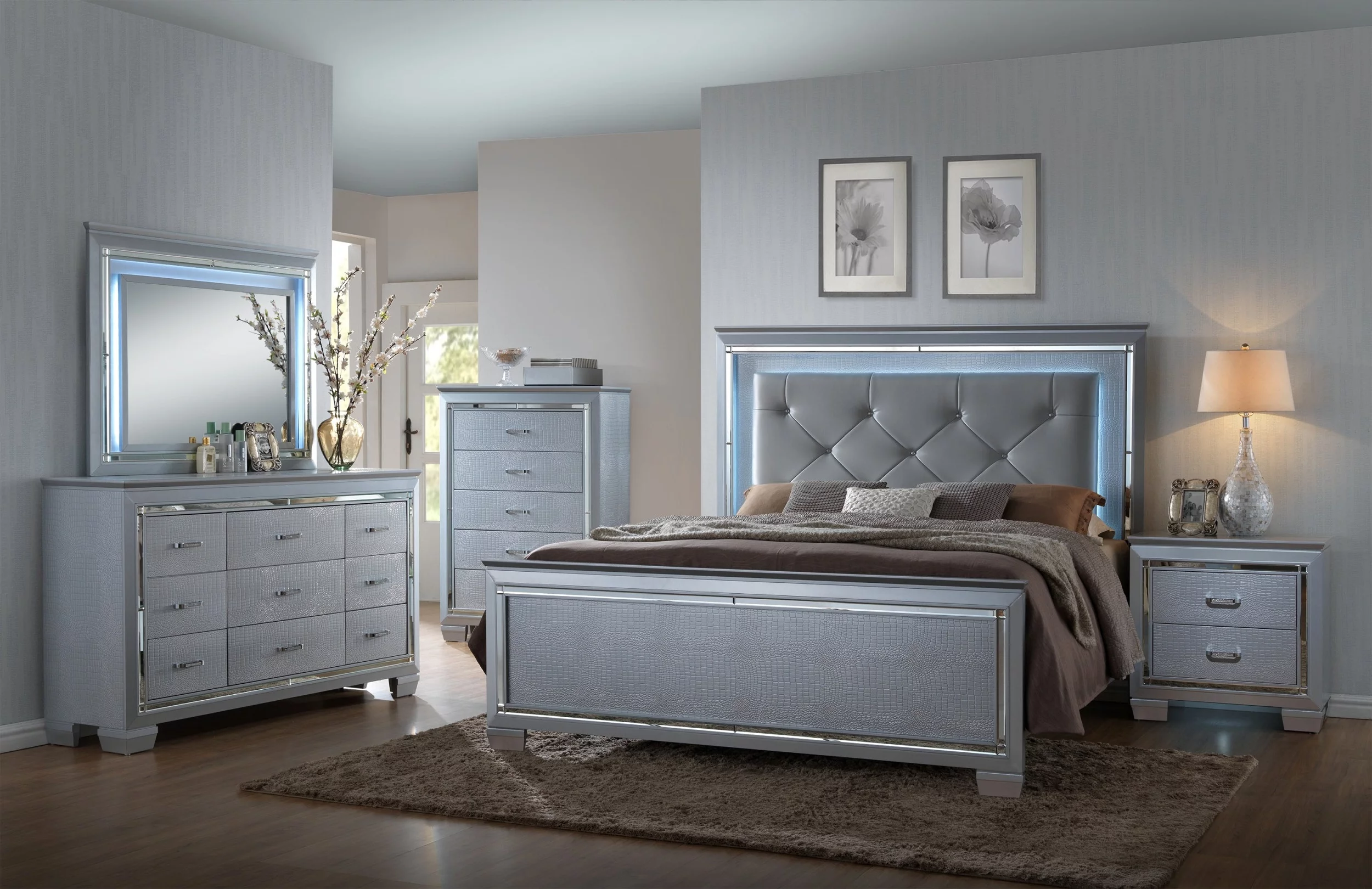Contemporary Silver Finish 5pc Queen Size LED Backlit Upholstered HB Bed and Storage Dresser Mirror Nightstand Wooden Bedroom Furniture Set