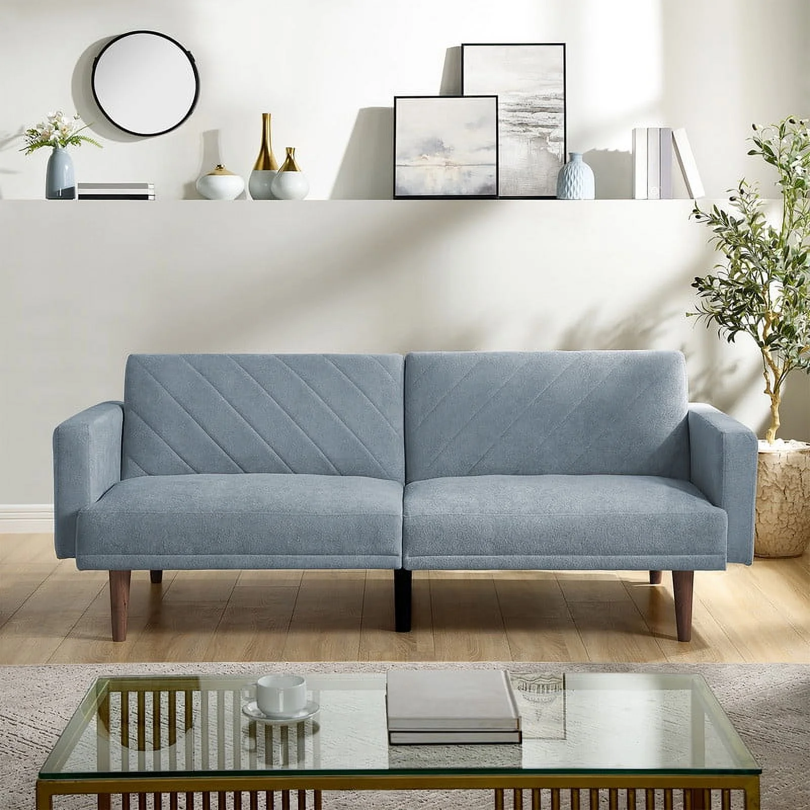 PARKWELL Futon Sofa Bed - Multifunctional Convertible Folding Couch for Apartments - Adjustable Backrest - Blue