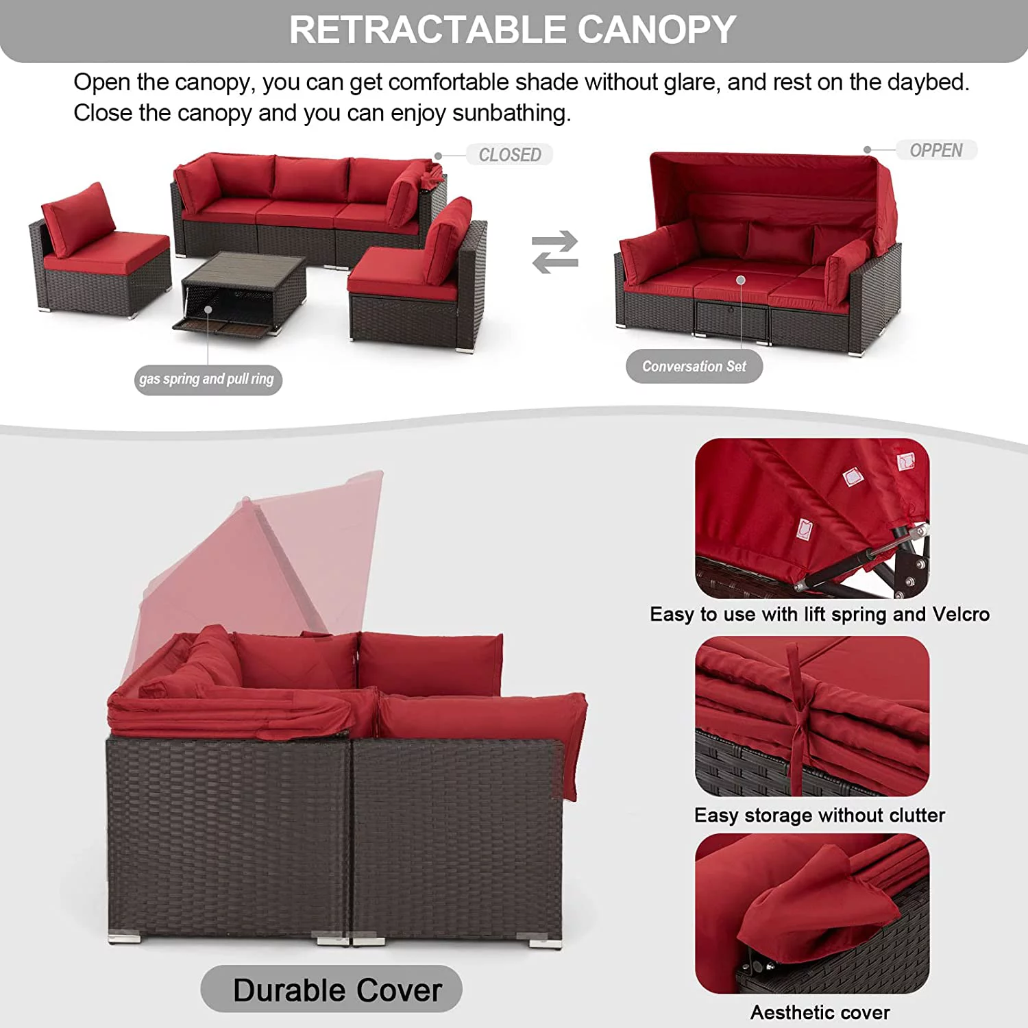 Vicluke 6 Pieces Patio Conversation Sets, Wicker Daybed with Retractable Canopy, Adjustable Backrest, Storable Tea Table, Rectangle Sunbed for Backyard Garden Poolside(Red)