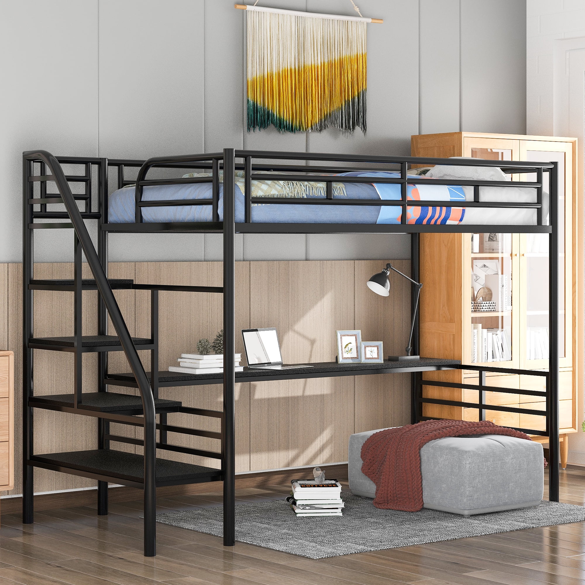 ikayaa Metal Loft Bed Frame with Desk, No Box Spring Needed,Twin ,Black