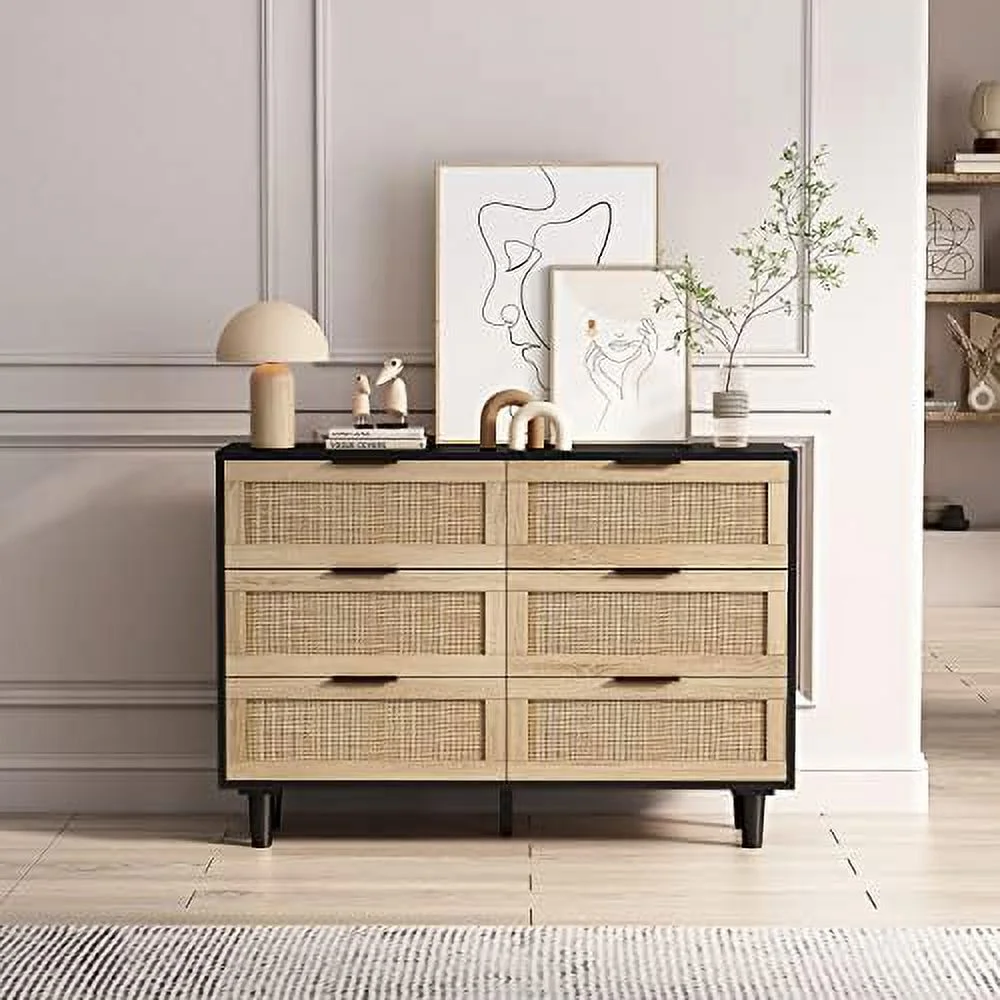 TJUNBOLIFE 51.18 inch 6 Drawer Dresser Modern Rattan Chest with 6 Drawers Wood Cabinet Sideboard for Bedroom Living Room Entryway Hallway(Natural)