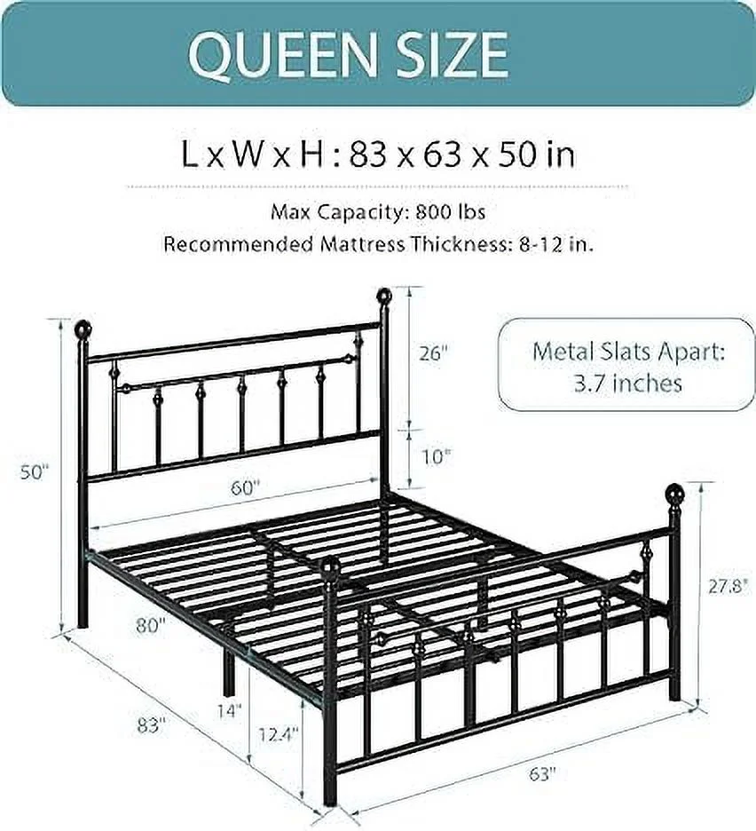 HBBOOMLIFE Queen Size Metal Platform Bed Frame/Victorian Style Iron-Art Headboard and Footboard / 14 Inches Mattress Foundation for /No Box Spring Needed/Easy Assembly/Black