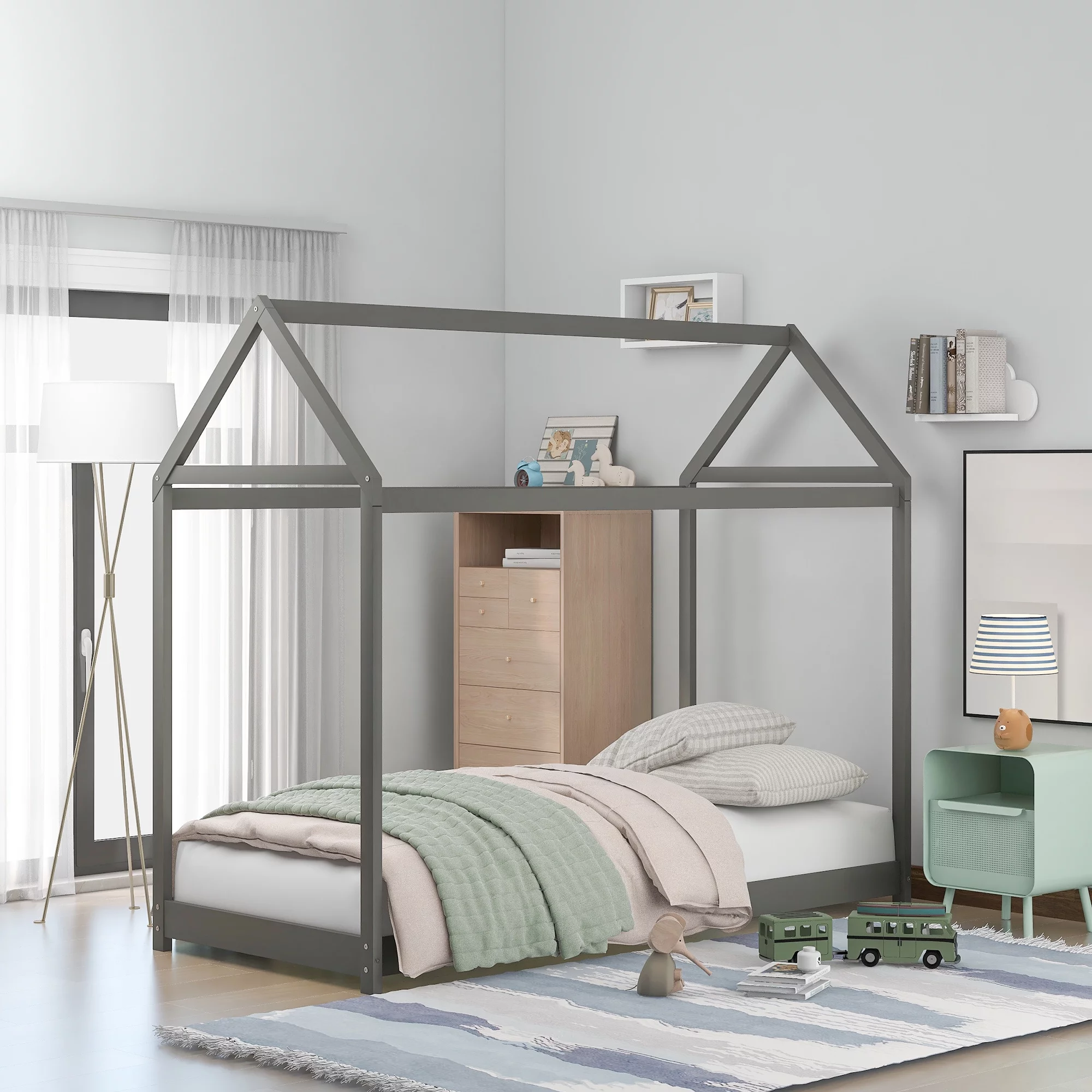 CHURANTY Twin Size Wooden House Bed with Roof, Children House Bed Frame Twin Size Floor Bed, Children Poppy House Wood Bed, Platform Bed,Can Be Decorated for Girls, Boys,Gray