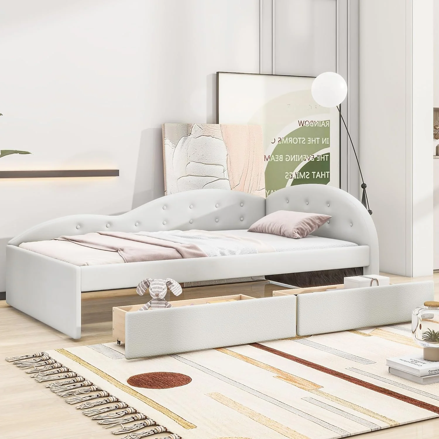 Daybed With Storage,PU Upholstered Tufted Daybed With 2 Drawers Ad Cloud Shaped Guardrail, Moder Storage Bed Sofa Daybed For Bedroom, Livig Room,White