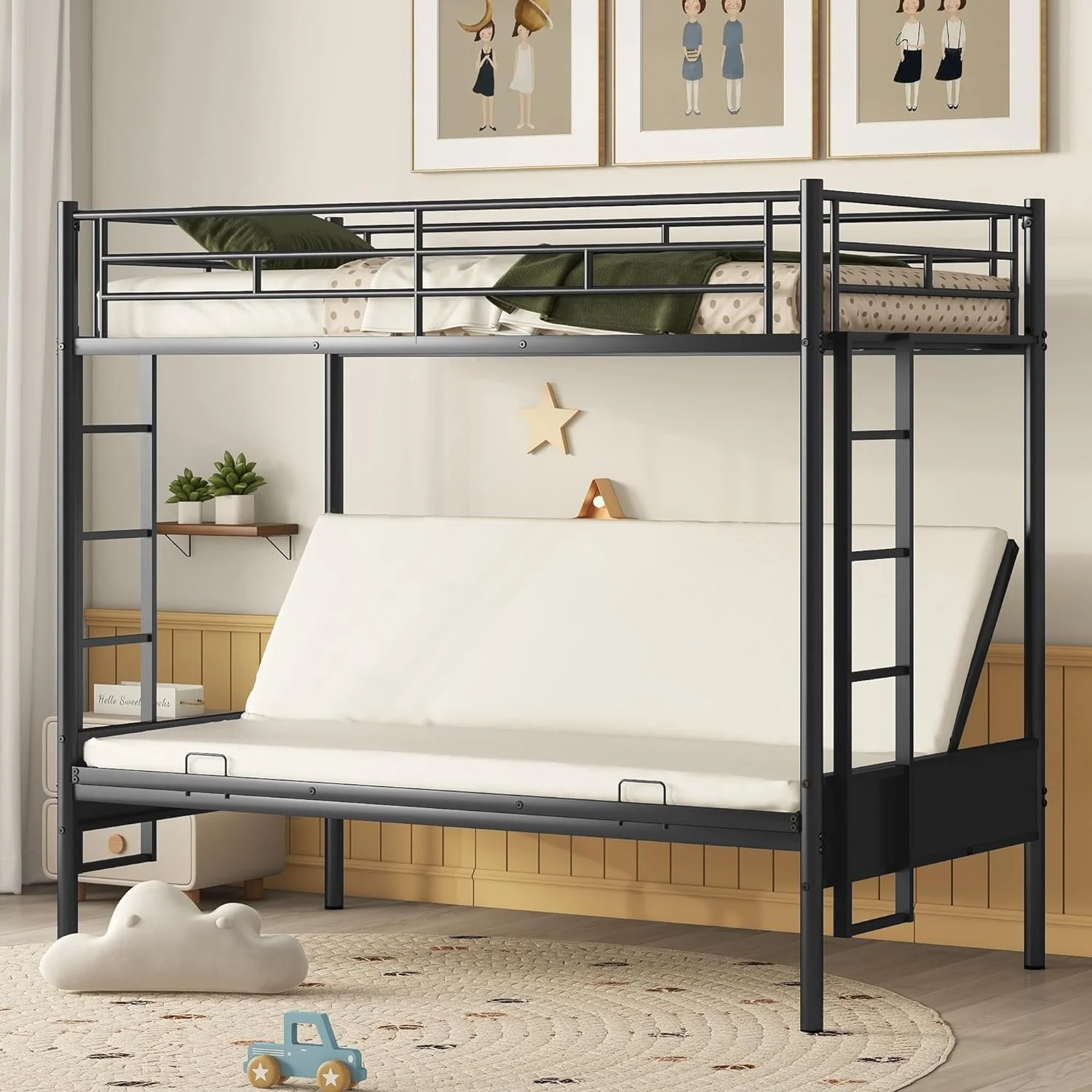 Over Futo/Full Buk Bed, Bed Frame With Sturdy Steel Frame, Covertible Metal Buk Bed Couch Ad Bed With Guard Rail Ladder For Kids Adults Tees,Black