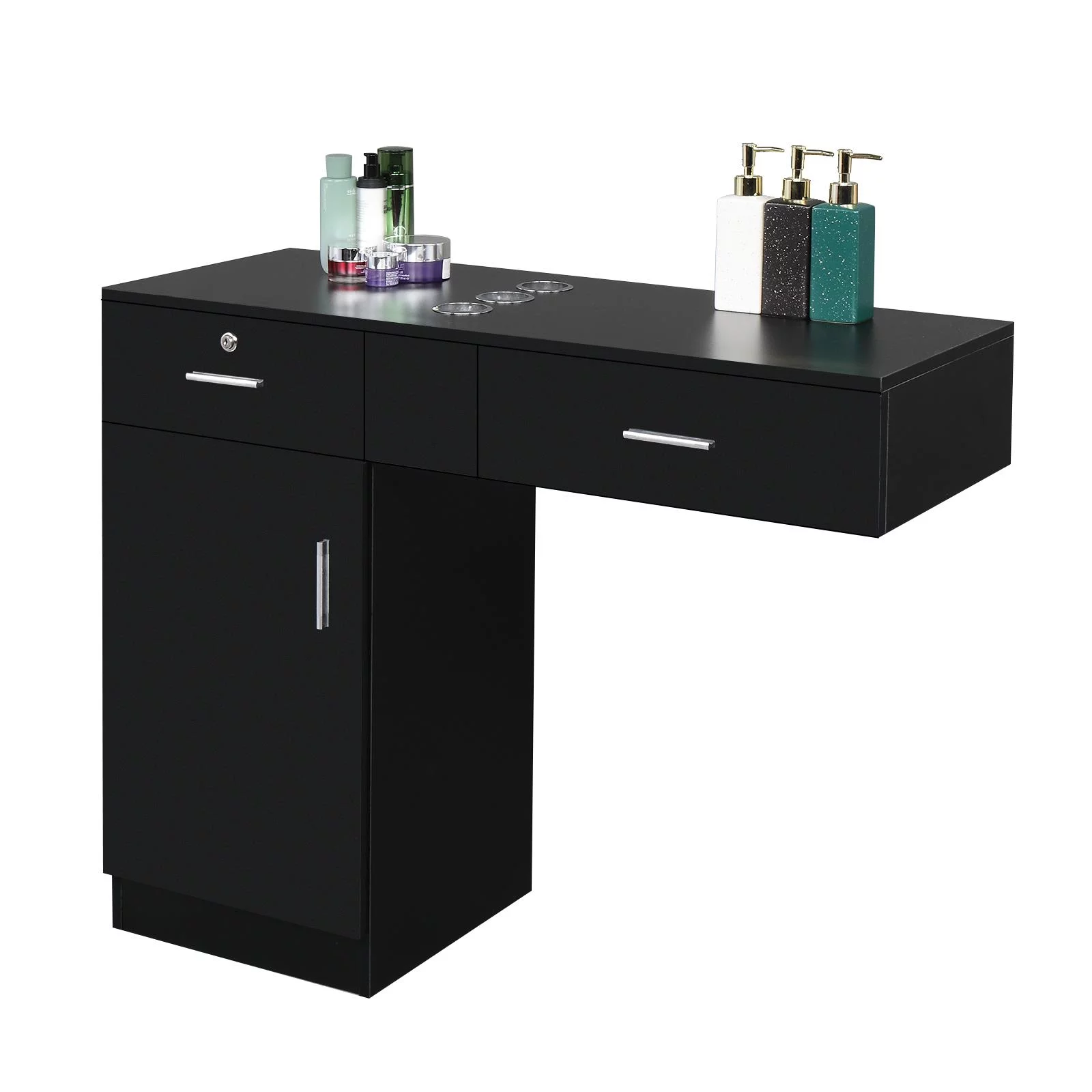 Winado Lockable Wall Mount Hair Styling Barber Station Table with 2 Drawers Beauty Spa Salon Black