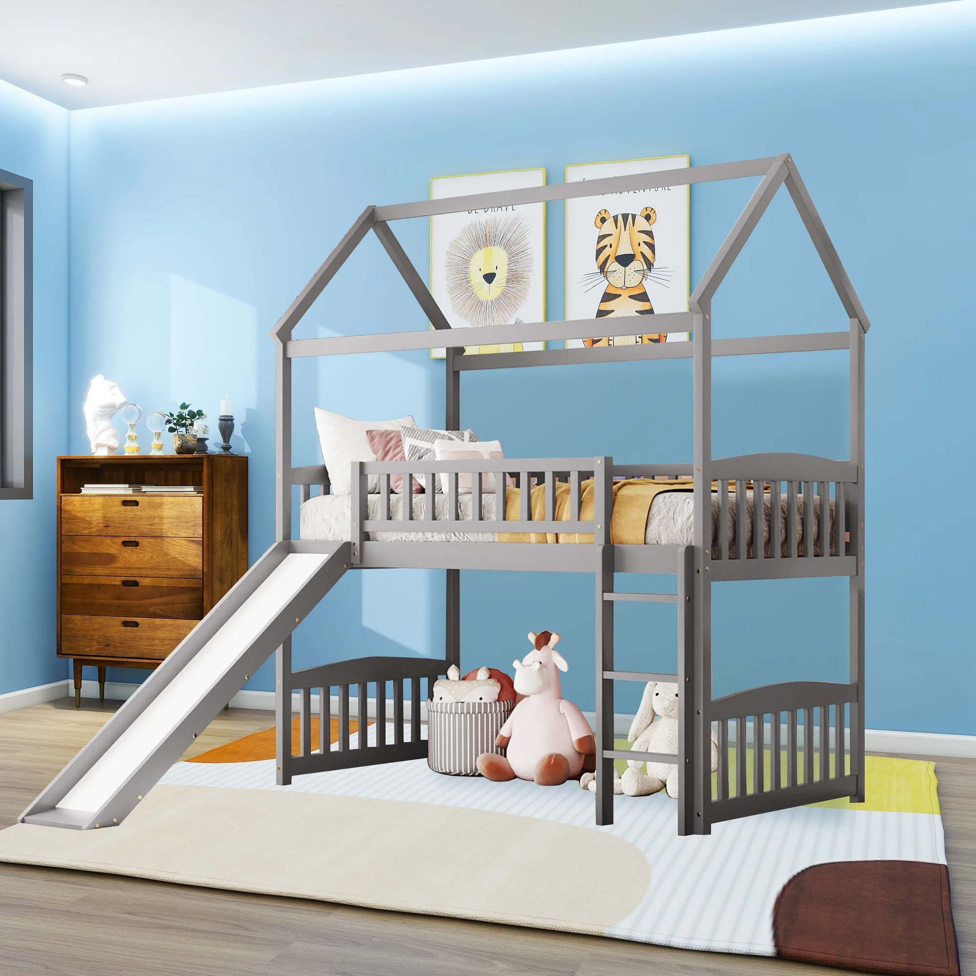 Twin Loft Bed with Desk and Shelves, Wood Loft Bed Frame with Storage Drawers, for Kids Teens Adults - Gray