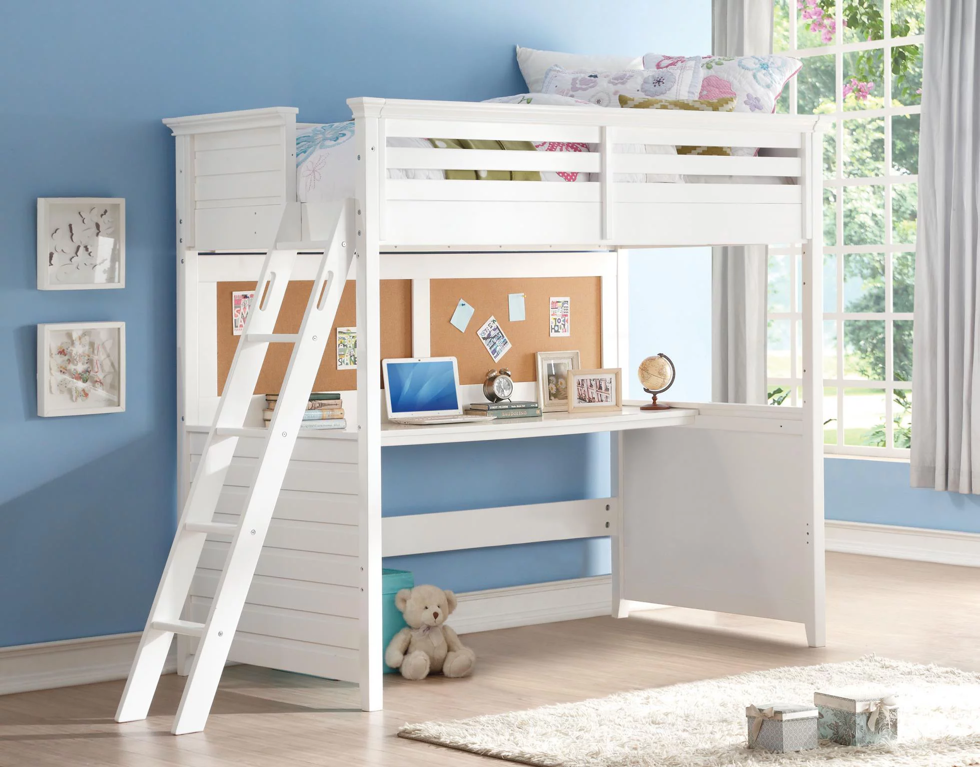 Transitional White Twin Loft Bed w/ Desk & Cork-Board Panel by Acme Lacey 37670