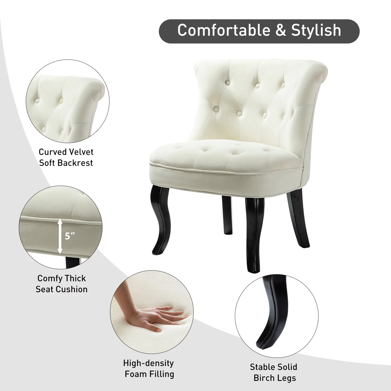 Modern Velvet Armless Accent Chairs Upholstered Button Single Sofa Set of 2 Wooden Legs Home Bedroom,Ivory