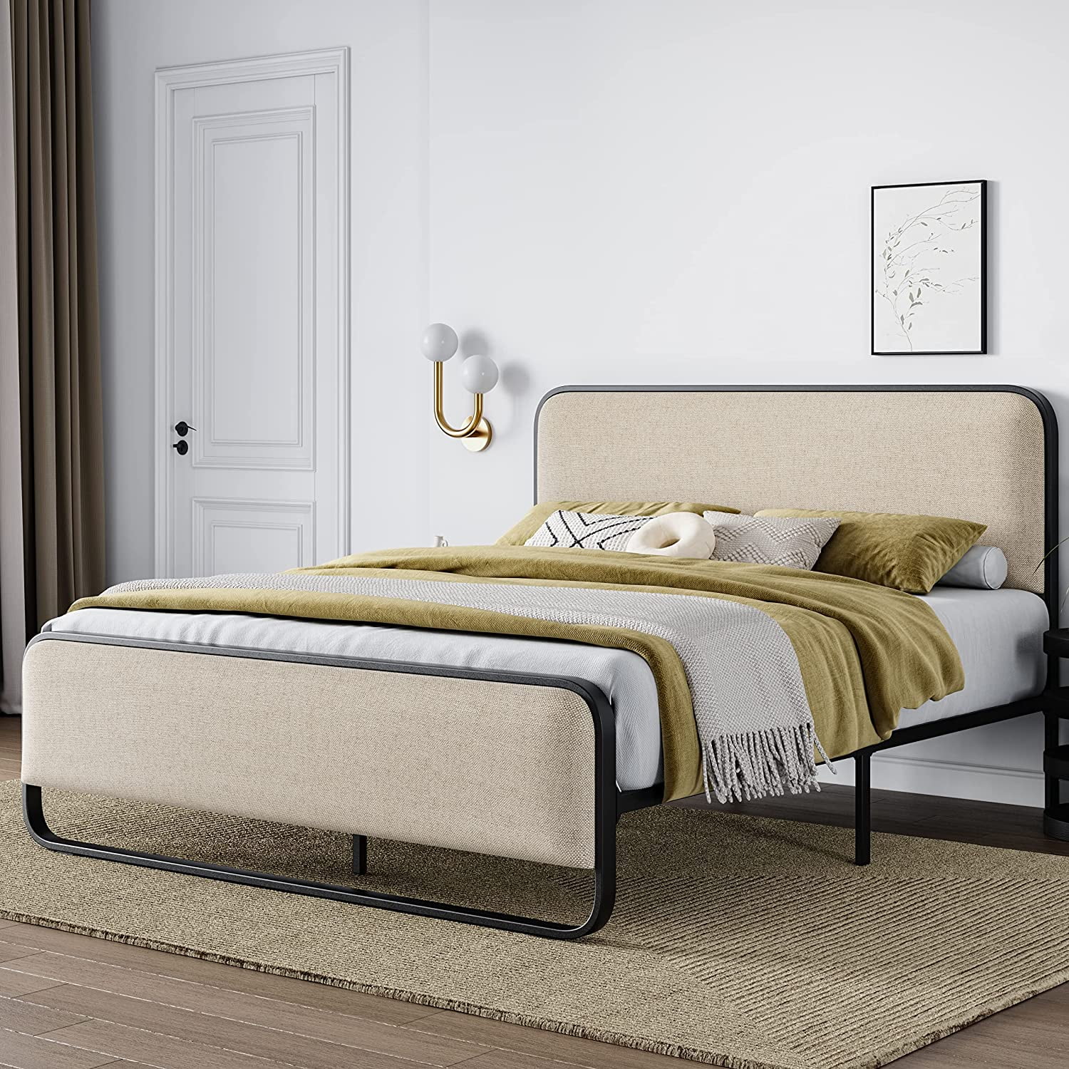 Allewie Queen Size Metal Platform Bed Frame with Curved Upholstered Headboard and Footboard, Beige