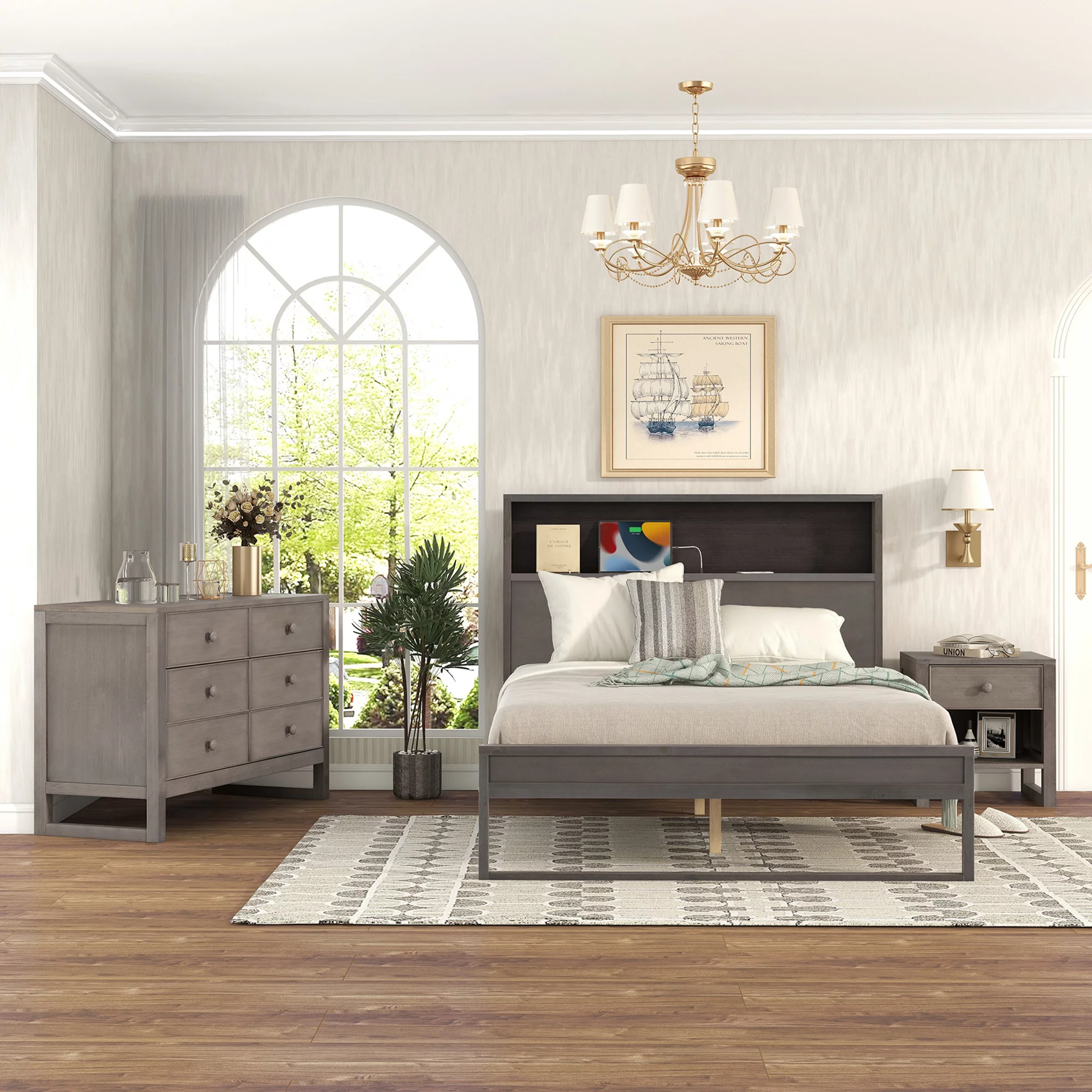 3-Pieces Bedroom Sets Full Size Platform Bed with Nightstand and Dresser,Antique Gray