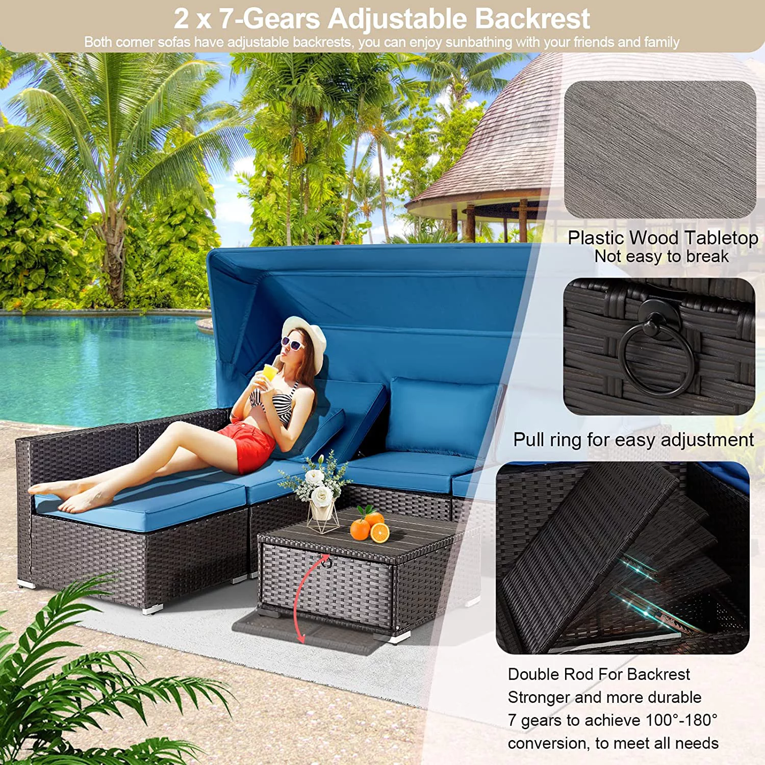 Vicluke 6 Pieces Patio Furniture Sets, Rattan Daybed with Retractable Canopy, Outdoor Sectional Sofa Set with Adjustable Backrest, Chaise Chair Sunbed for Garden Poolside Backyard（Blue）