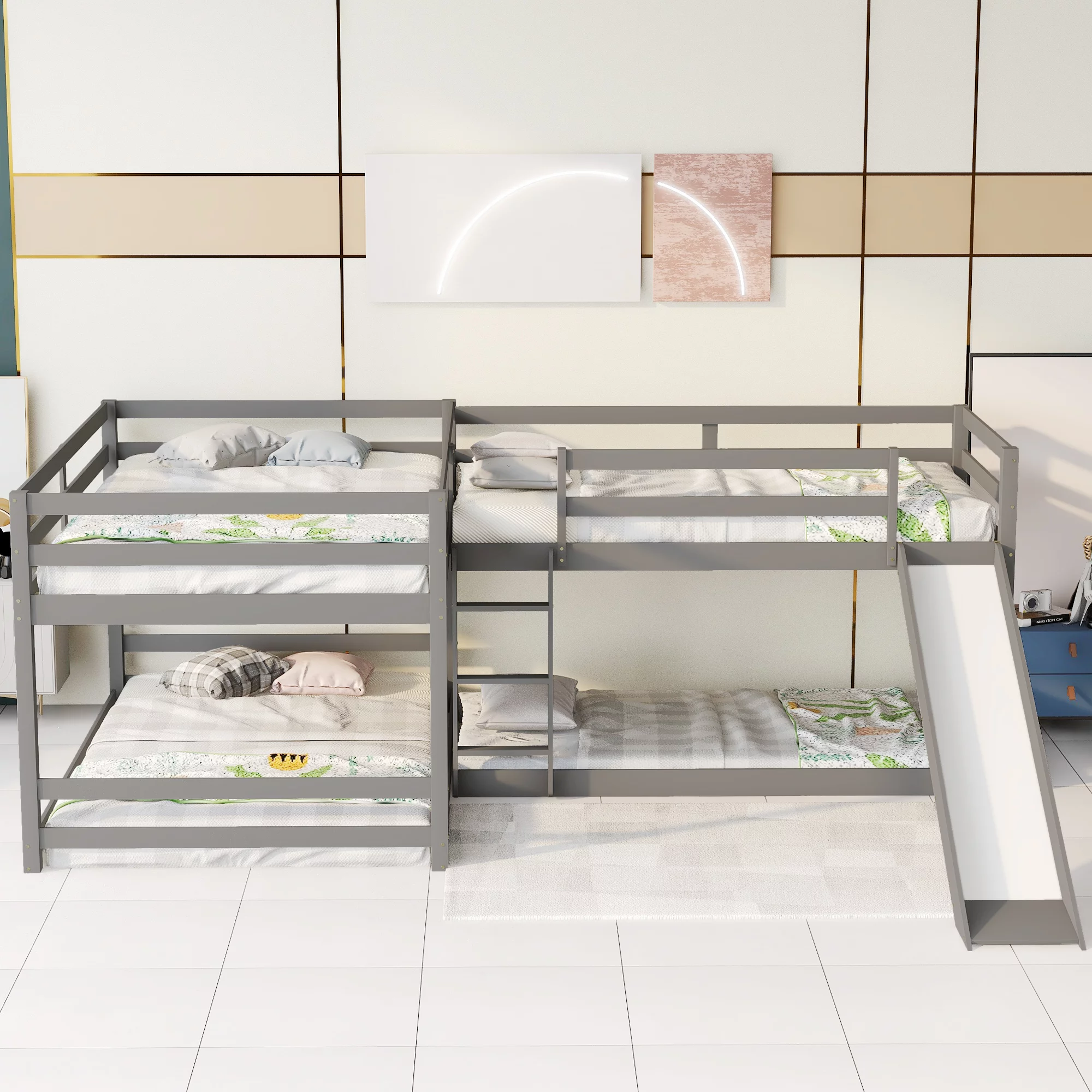 EUROCO Wood Twin Bunk and Full Bunk Beds, Quadruple Bed for Kids, Gray