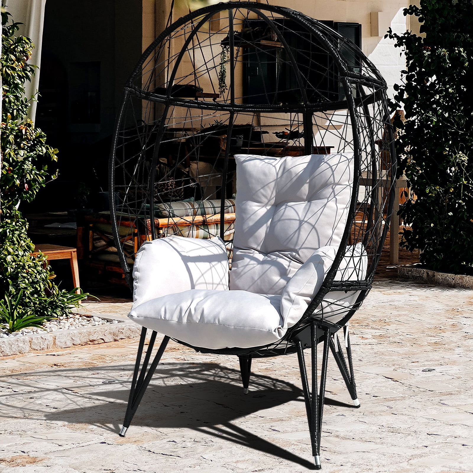 FKSLIFE Wicker Egg Chair Outdoor Indoor Swing Chair with Stand Cushion Pillow for Patio Garden Backyard Black and Gray