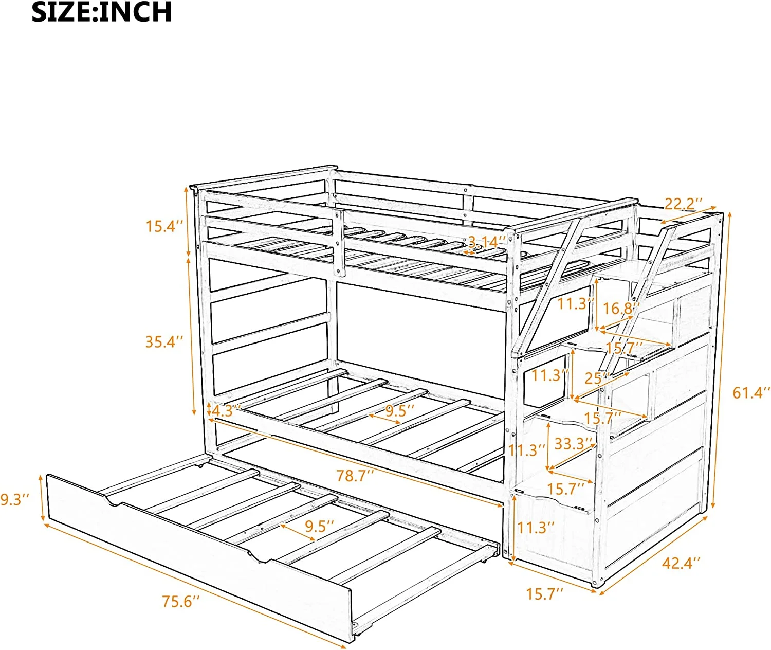 Over Bunk Bed Size Trundle And 3 Storage Stairs, Wooden Over Bed Frame Storage Drawers And Safety Rail Ladder Teens Bedroom Bed, Guest Room (Gray)