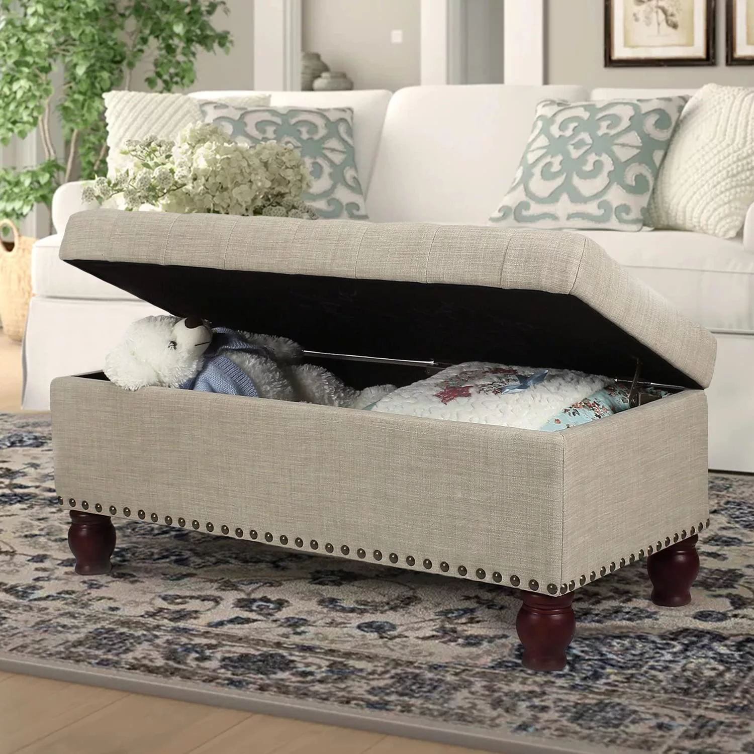 40 Inches Fabric Ottoman Bench With Storage For Living Bed Room, Button Tufted Foot Rest Stool With Solid Wood Legs (Beige)
