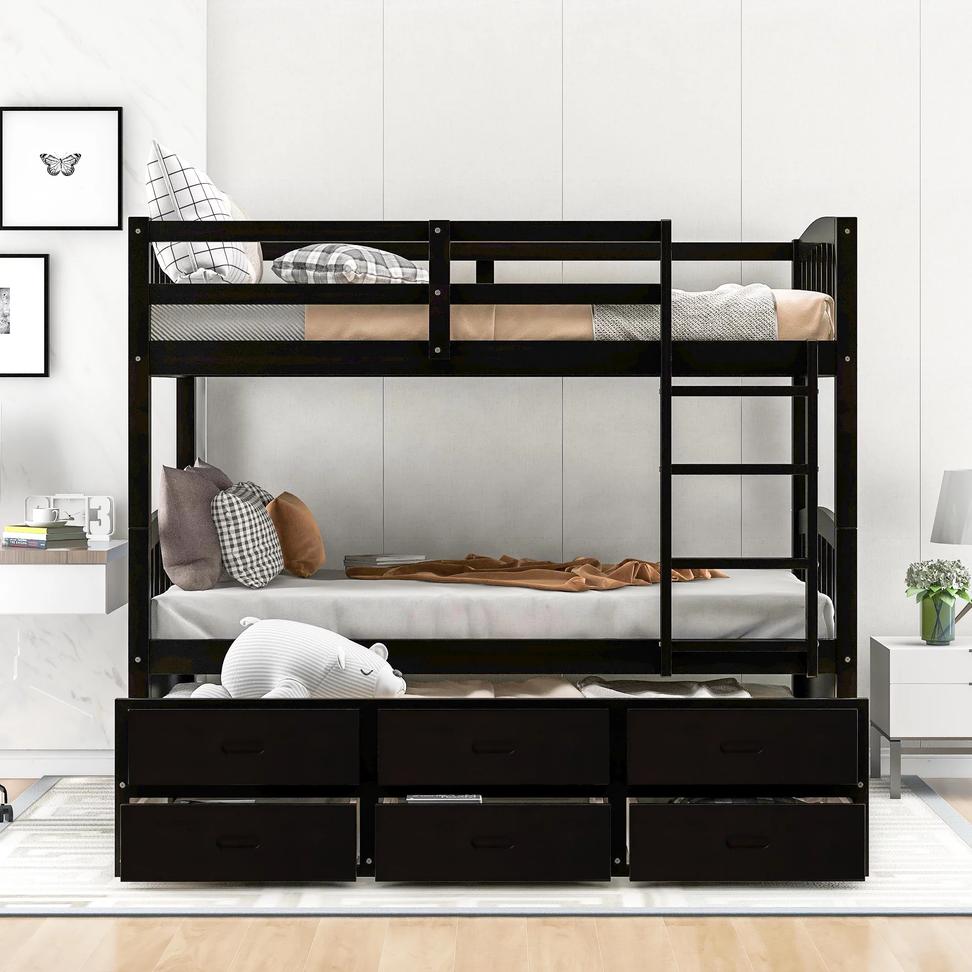 CoSoTower Twin Over Twin Wood Bunk Bed With Trundle And Drawers, Espresso