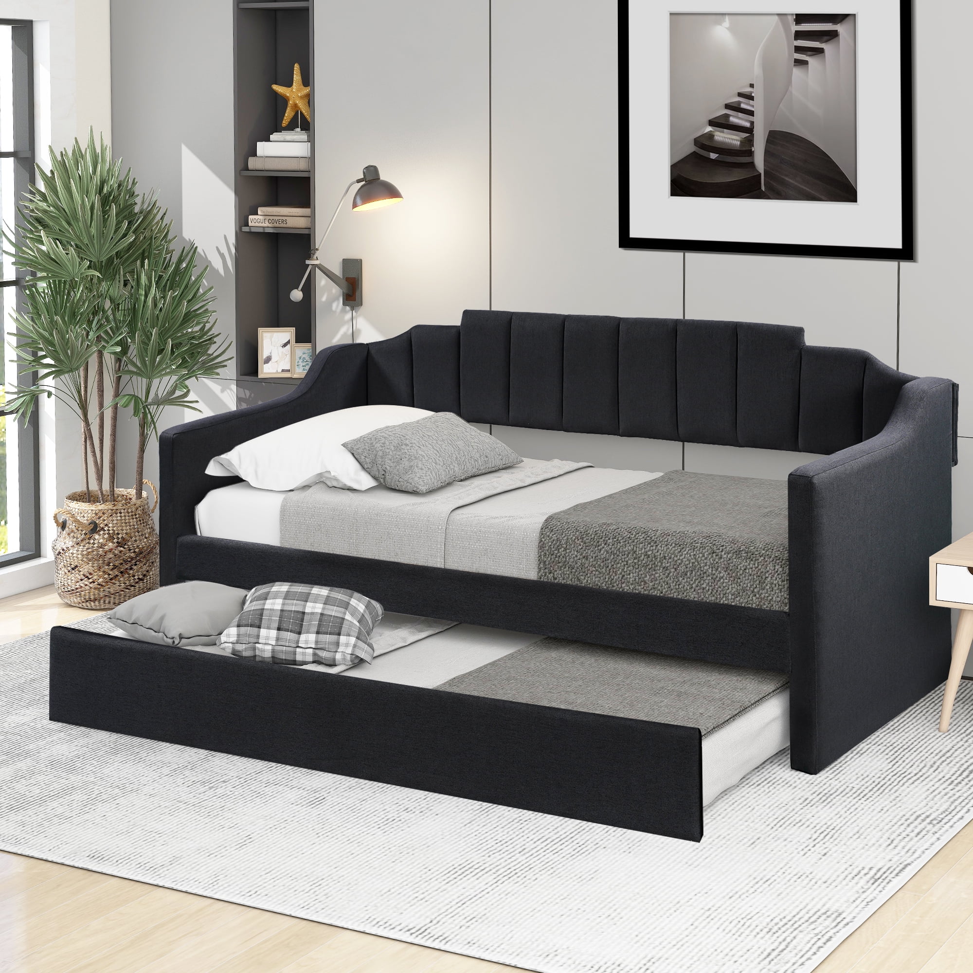 CoSoTower Upholstered Twin Daybed With Trundle, Black