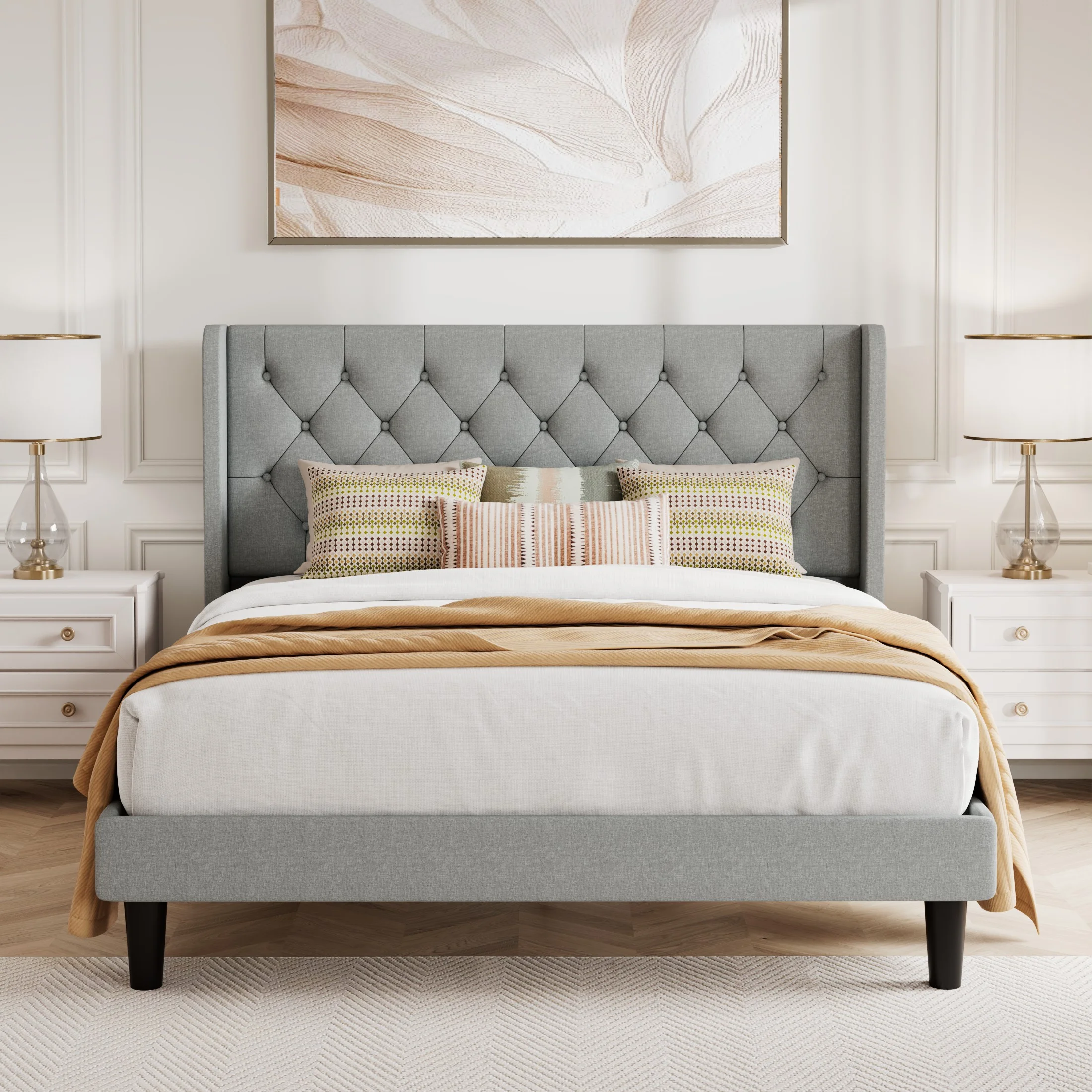 Amolife Full Size Fabric Diamond Upholstered Platform Bed Frame with Deluxe Wingback, Light Grey