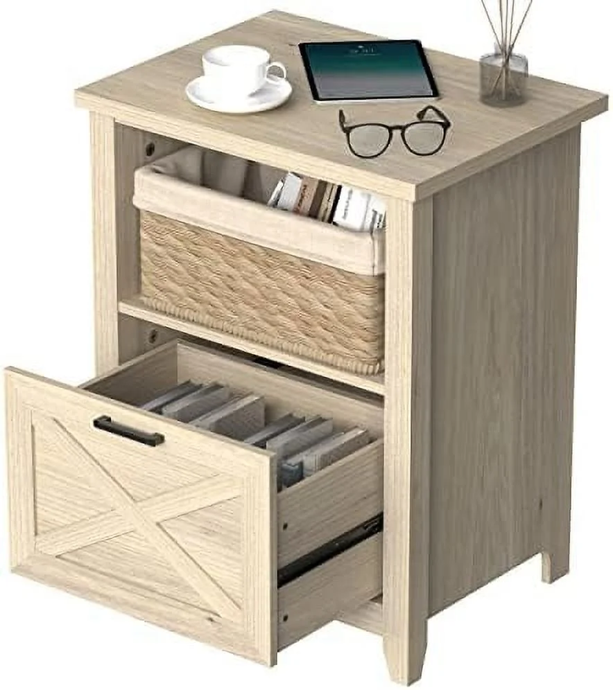 30" Tall Nightstand for King & Queen Bed with Drawer & Open Cubby - Beige Wood End Table Bedside Table for Bedroom Living Room Warm Oak