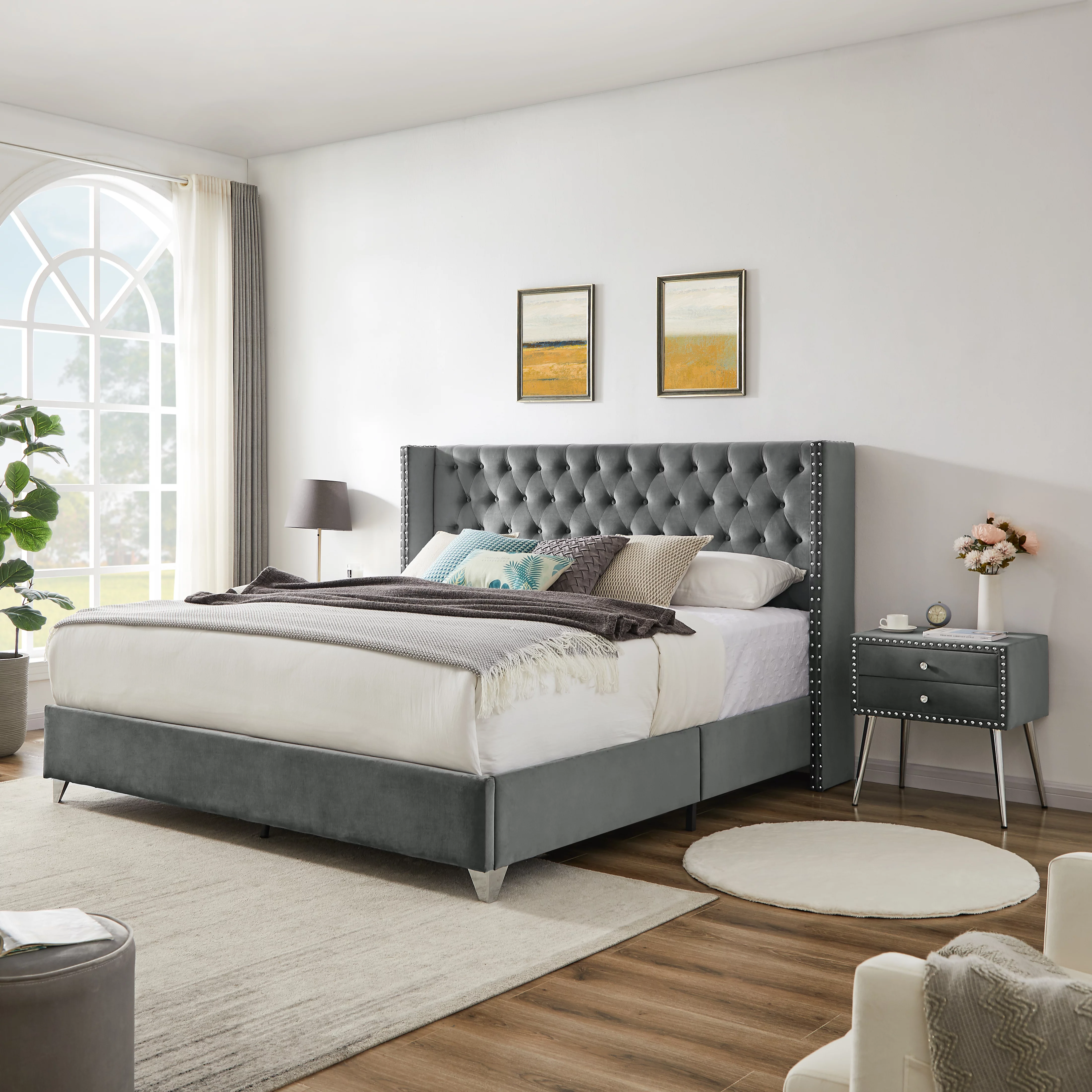 LANTRO JS B100S King bed with one nightstand, Button designed Headboard, strong wooden slats + metal legs with Electroplate