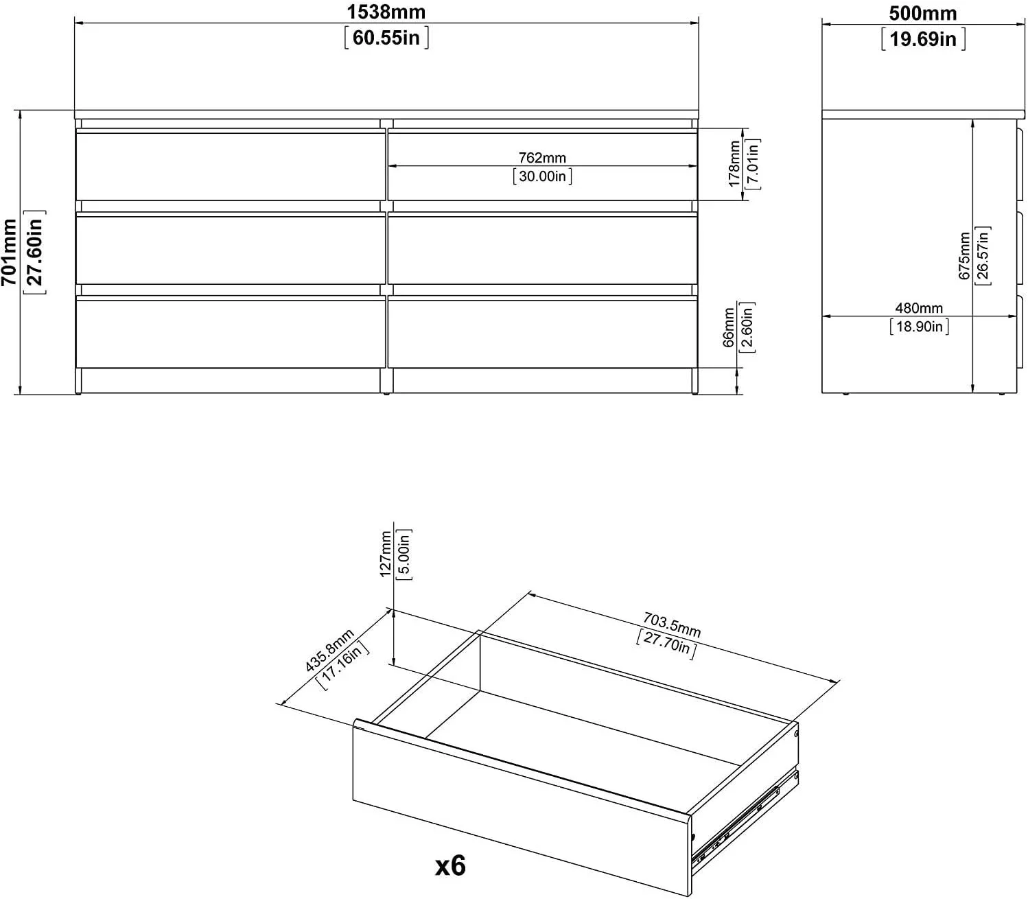 Scottsdale 6 Drawer Double Dresser, White High Gloss