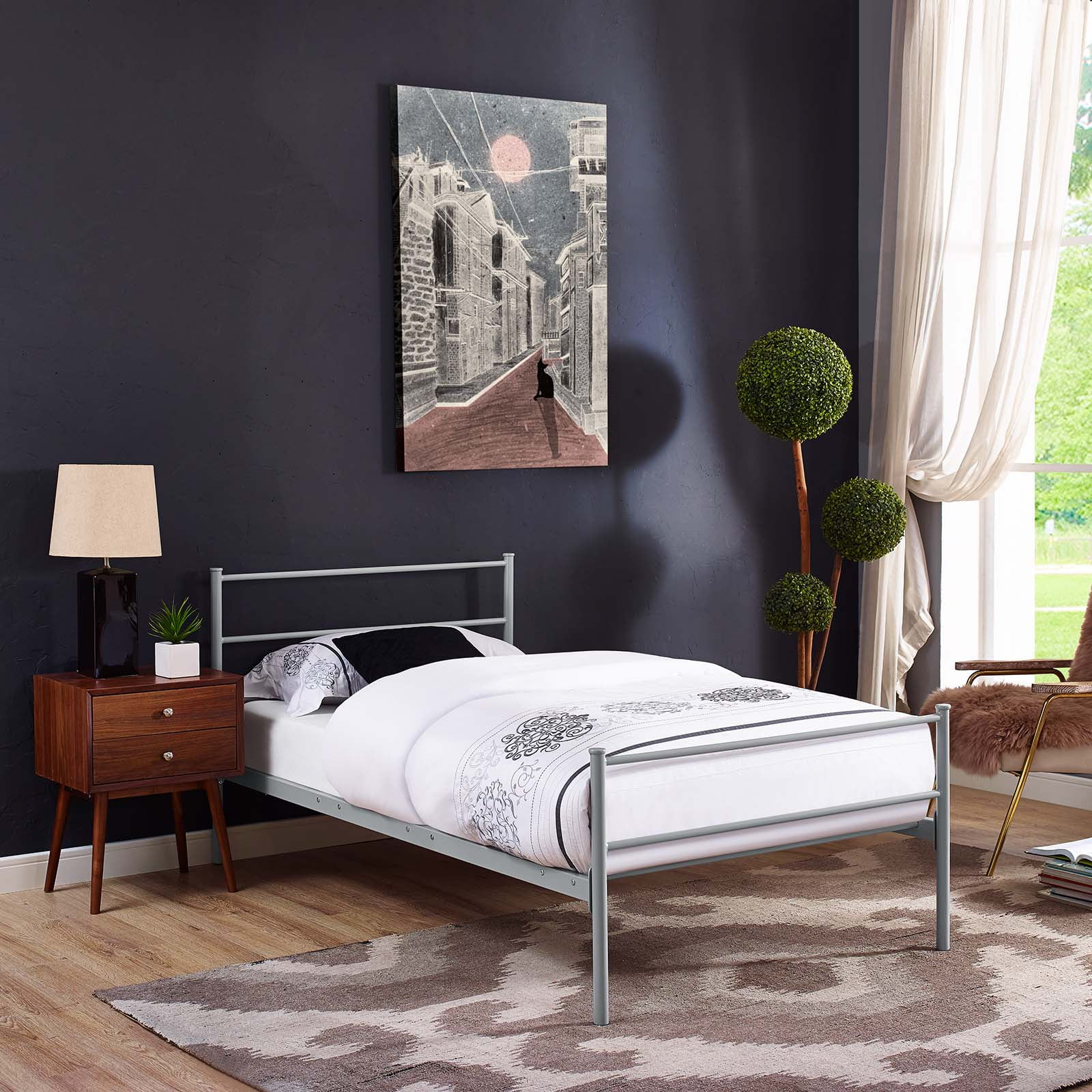 Industrial Country Cottage Farm Beach House Bedroom Twin Size Platform Bed Frame, Metal Steel, Grey Gray