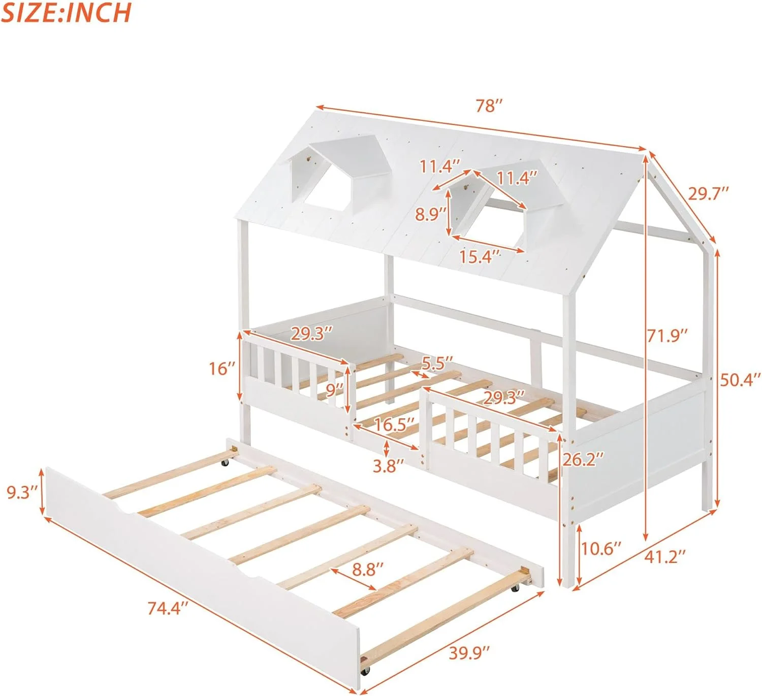 Twin Size House Bed with Trundle Bed, Wood Playhouse Bed Frame with House-Shaped Roof and Fence Railings, Platform Beds Frame for Girls Boys Teens